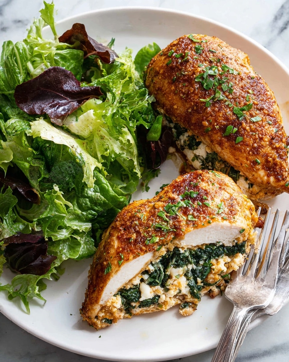 The image shows a white plate with two stuffed chicken breasts on the right side, each chicken breast has a golden brown, slightly crispy outer layer with sprinkled chopped green herbs on top. The inside filling is visible in the cut piece, showing three layers: the first inner layer is creamy and white with a crumbly texture, the middle layer is a dark green leafy mixture, and the last layer is creamy white again, all packed tightly inside the chicken. On the left side of the plate is a fresh green salad, with mixed leaves in different shades of green and some dark red-purple leaves, all looking crisp and slightly shiny with dressing. A silver fork rests next to the plate on a white marbled surface. photo taken with an iphone --ar 4:5 --v 7