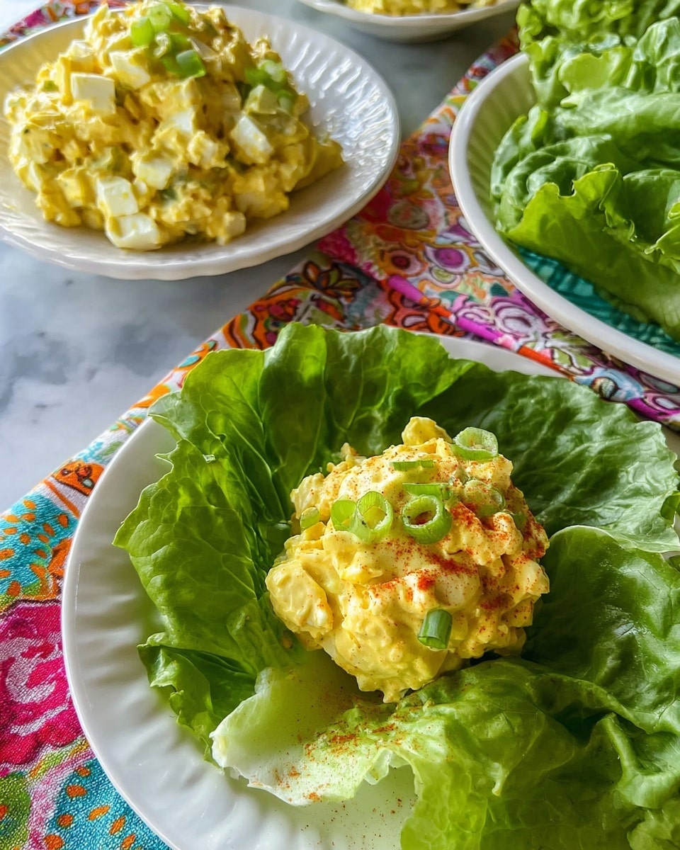 In the center of a white plate, a round scoop of creamy yellow egg salad is placed on a bed of large green lettuce leaves with ruffled edges, giving a fresh contrast to the soft texture of the salad. The egg salad has bits of white egg and small green pieces mixed in, topped with a sprinkle of red paprika and thinly sliced green onions on top. Next to this plate, there is another white bowl filled with more egg salad, showing a chunky and creamy texture. A corner holds some loose green lettuce leaves on a white plate. The dishes sit on a colorful patterned cloth over a smooth white marbled surface. photo taken with an iphone --ar 4:5 --v 7