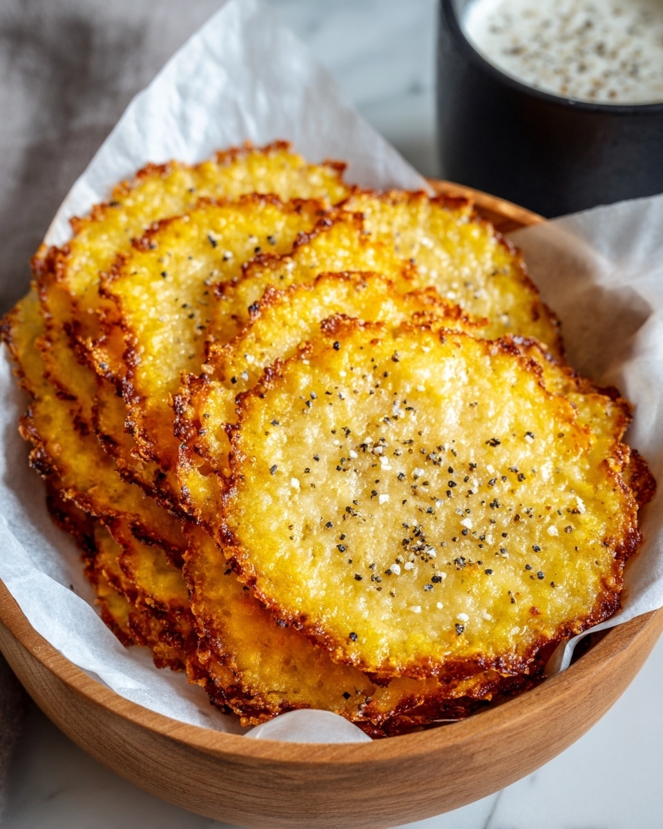 A wooden bowl lined with white parchment paper holds a stack of about ten golden, round cheese crisps. Each crisp is thin with a slightly uneven edge, caramelized and crispy with a bubbly texture. The tops are sprinkled with coarse salt and black pepper, adding contrast to the warm yellow and brown hues of the melted cheese. In the background, there is a white marbled surface and part of a black cup with a frothy drink inside. Photo taken with an iphone --ar 4:5 --v 7