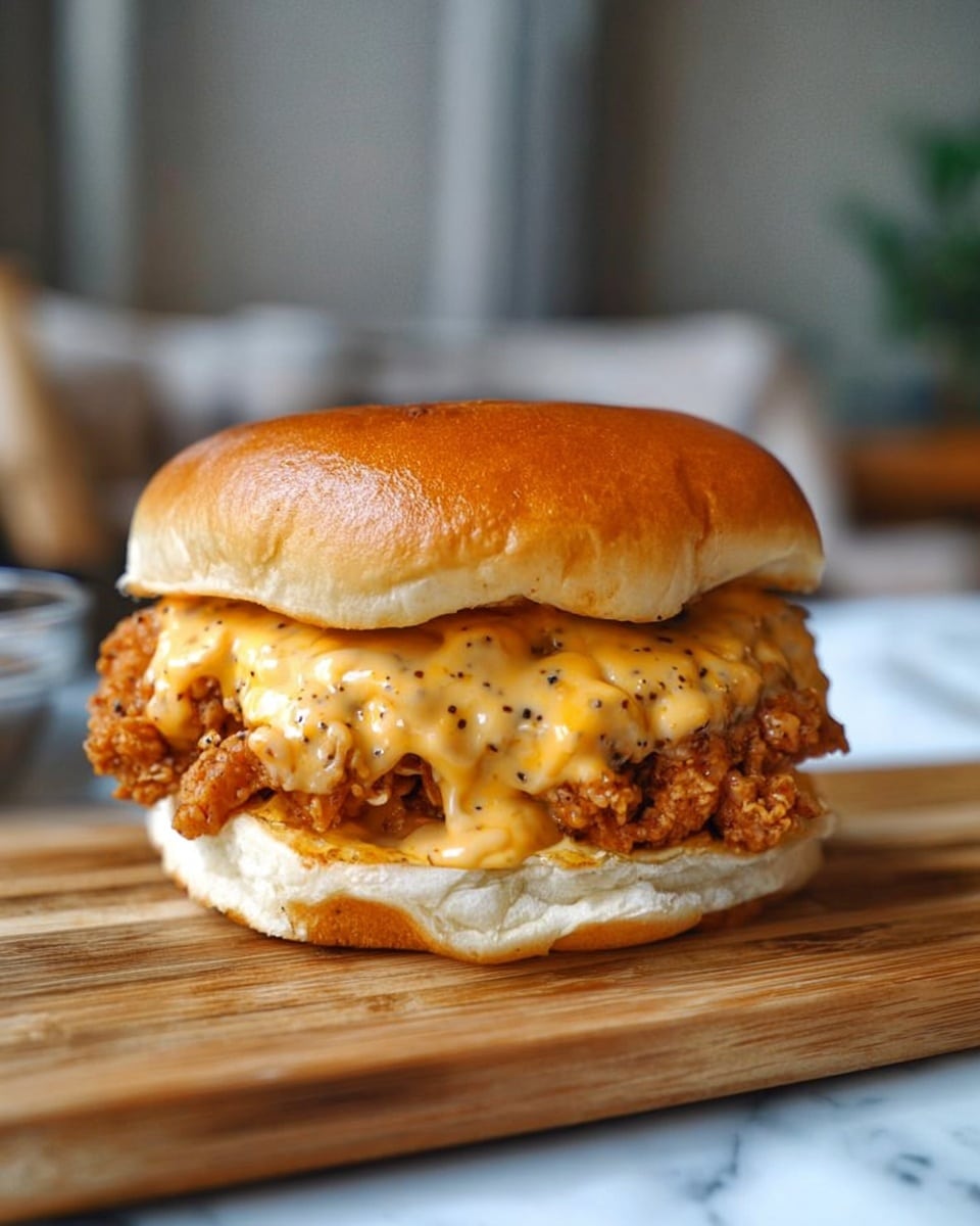 The image shows a close-up of a crispy fried chicken sandwich on a soft, glossy golden brown top bun. Below the bun is a thick layer of fried chicken coated in a melted, creamy, light orange cheese sauce with black pepper specks. The sandwich rests on a wooden board set on a white marbled surface. The bottom bun is soft and white, slightly squished by the filling. The background is softly blurred with neutral tones. Photo taken with an iphone --ar 4:5 --v 7