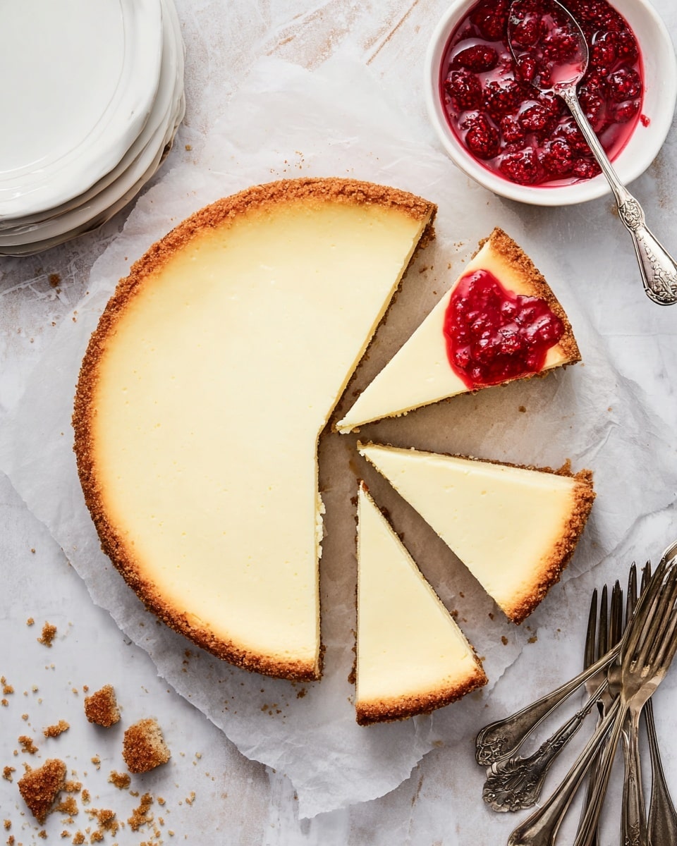 A round cheesecake with one thick layer of smooth, pale yellow cream cheese filling sits on white parchment paper on a white marbled surface, surrounded by a golden-brown crust that lines the edges. Four slices have been cut, one of which is slightly lifted, showing a dense and creamy texture inside. To the upper right, a silver spoon rests on the surface, covered in bright red raspberry sauce with seeds, next to a white bowl filled with more sauce. To the left above the cheesecake, there are stacked white plates, and at the bottom right, four vintage silver forks lie on the surface. Crumbs are scattered around, adding a rustic touch. Photo taken with an iphone --ar 4:5 --v 7