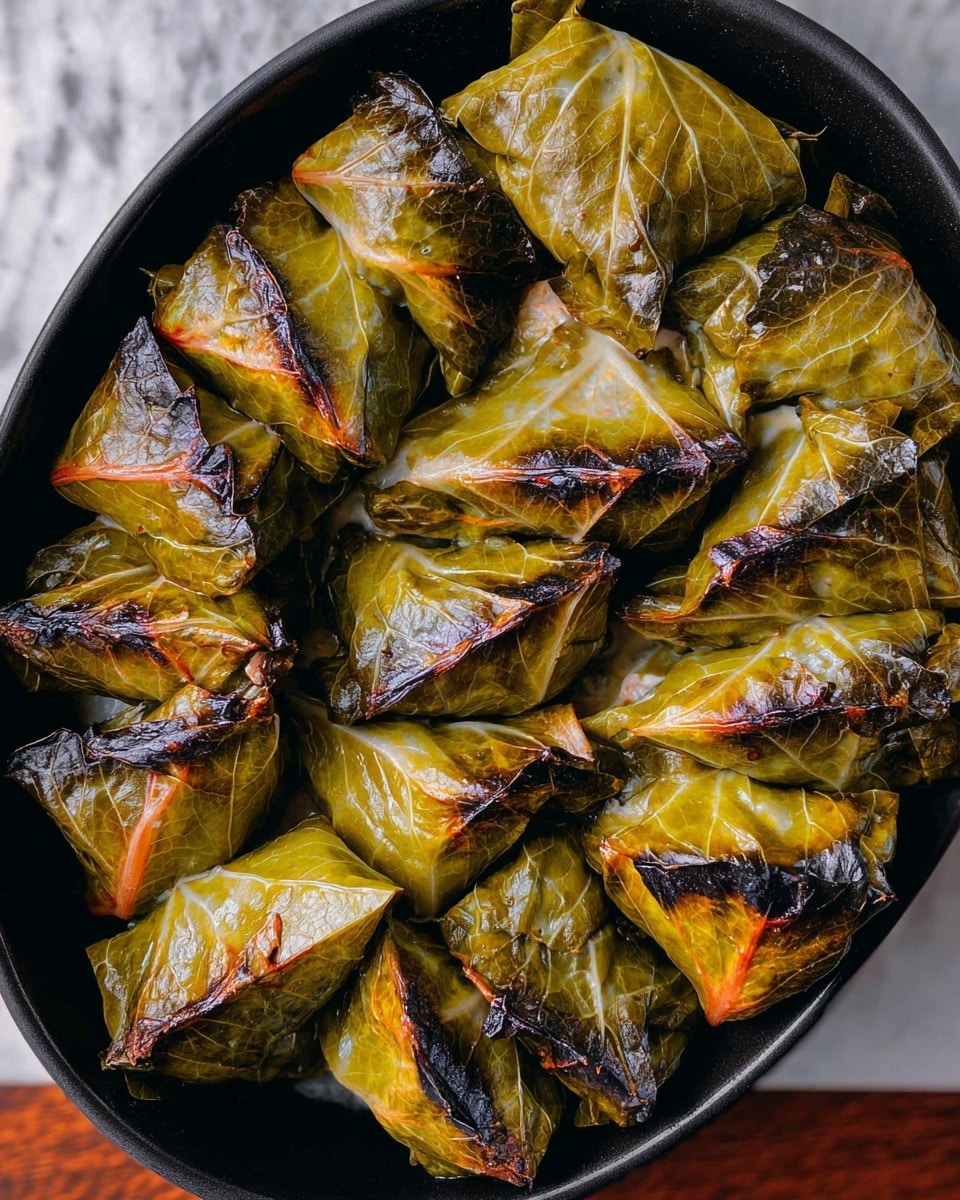 A black pan filled with about three layers of stuffed green leaves folded into a triangular shape, each leaf showing visible char marks and a glossy, oily surface with some parts browned and crispy. The leaves have a soft, cooked texture with hints of a creamy filling peeking through small openings. The pan rests on a white marbled surface. photo taken with an iphone --ar 4:5 --v 7