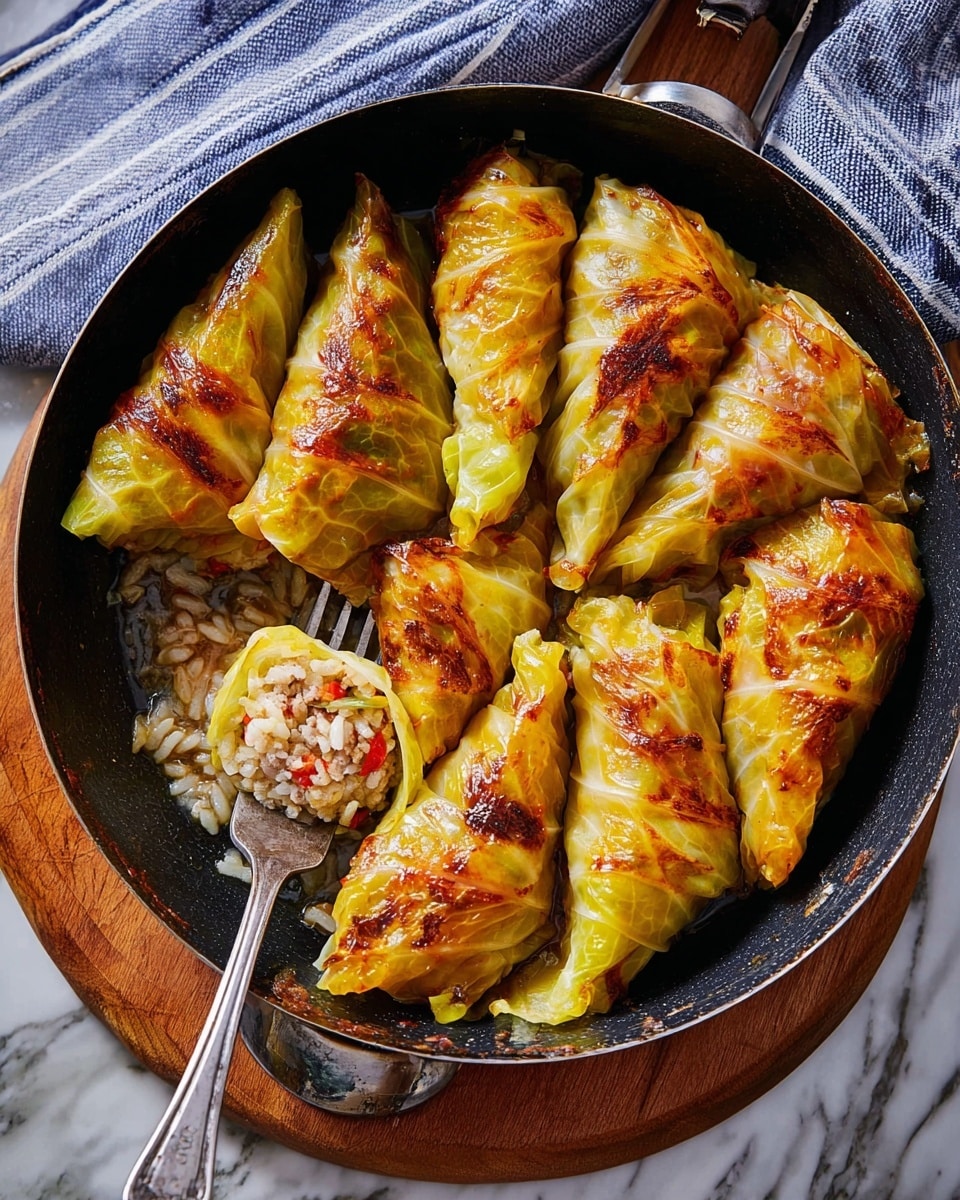 The image shows a black pan filled with golden-brown stuffed cabbage rolls arranged neatly in two rows. Each roll is triangular and has a slightly charred, crispy outer layer with a mix of yellow and brown colors. One roll is cut open on a fork to reveal a filling made of finely chopped meat, white rice, and bits of red pepper. The pan is placed on a wooden board over a white marbled surface with a blue-striped cloth nearby. photo taken with an iphone --ar 4:5 --v 7