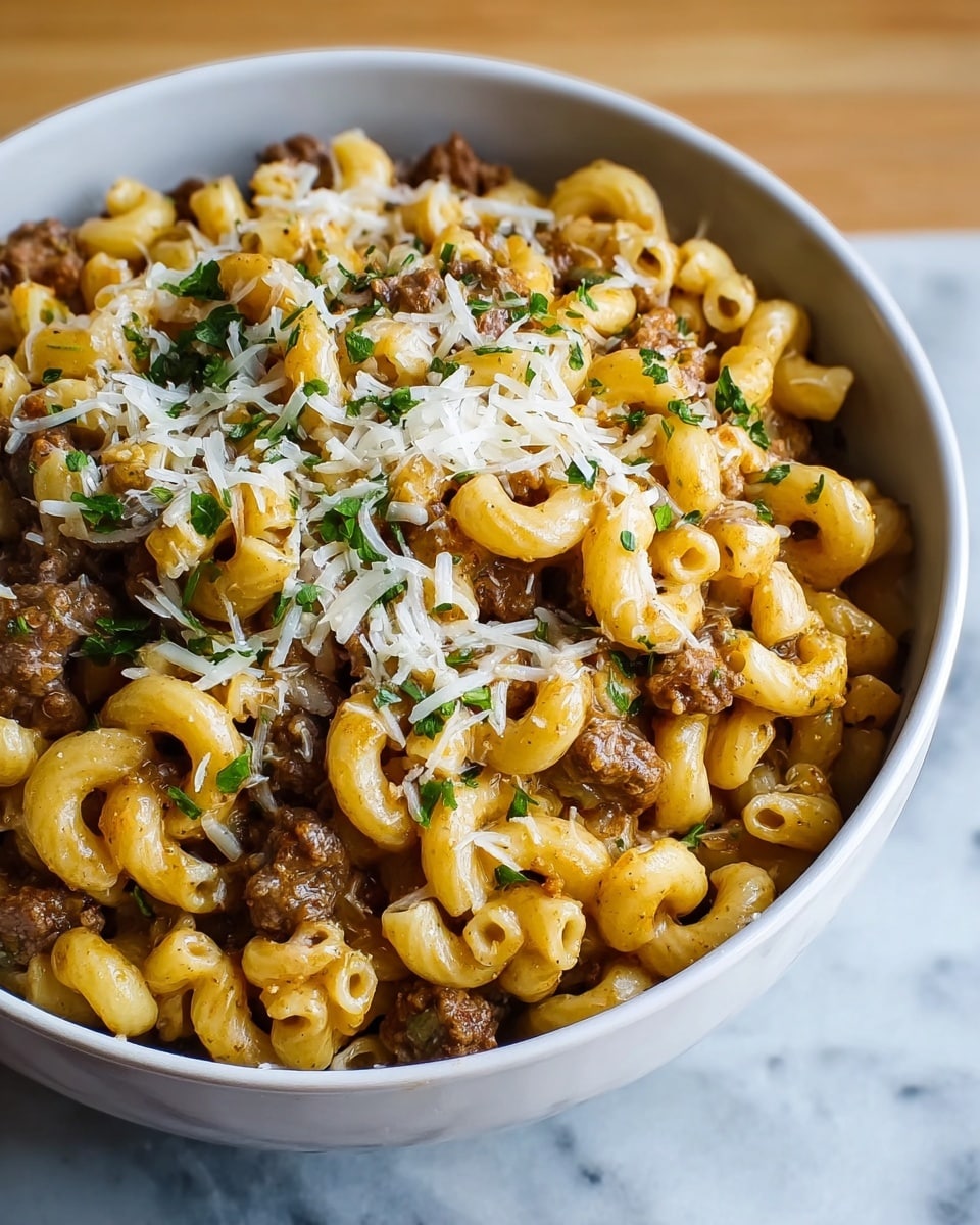 A white bowl filled with three main layers: the bottom layer is cooked elbow macaroni with a yellowish color, the middle layer consists of browned ground meat pieces mixed with the pasta, and the top layer is sprinkled with shredded white cheese and small bits of chopped green herbs. The dish looks creamy and well mixed, sitting on a white marbled surface. photo taken with an iphone --ar 4:5 --v 7