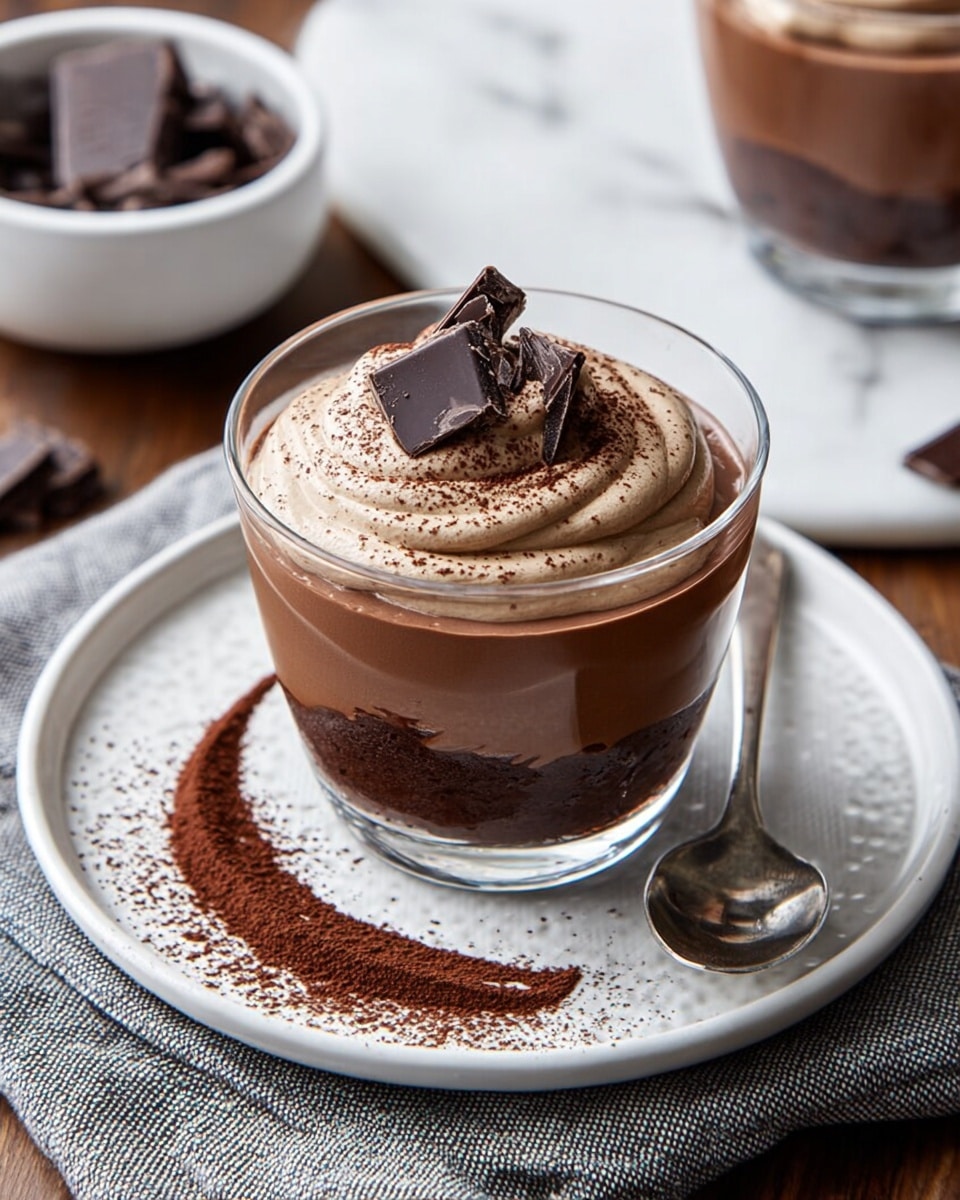 A clear glass cup sits on a white plate with a textured rim, filled with two distinct layers of chocolate dessert: the bottom layer is a dense, dark chocolate pudding, and the top layer is a lighter, creamy chocolate mousse swirled smoothly with a dusting of cocoa powder. On top of the mousse, two pieces of dark chocolate rest as garnish. Around the cup on the plate, there is a crescent of cocoa powder with two small pieces of broken chocolate placed on it. The setting includes a gray cloth napkin and a white bowl filled with chocolate in the background on a white marbled surface. Photo taken with an iphone --ar 4:5 --v 7