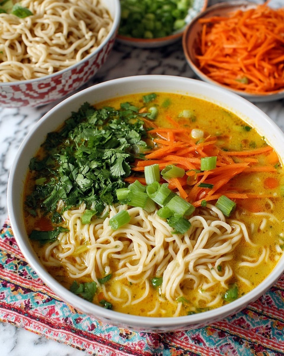 A white bowl filled with a bright yellow broth base, topped with soft beige noodles piled on one side, a layer of chopped fresh green herbs like cilantro covering part of the broth, thin orange carrot strips arranged next to the noodles, and fresh cut green onions scattered around; the bowl sits on a patterned cloth with two smaller bowls in the background, one filled with more noodles and the other with shredded carrots, all set on a white marbled surface. photo taken with an iphone --ar 4:5 --v 7