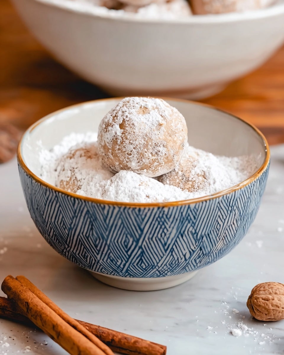 A round light brown cookie ball is placed in the middle of a white bowl filled with white powdered sugar. The cookie is dusted lightly with powdered sugar on top. The bowl has a pattern of blue and gray diagonal lines on the outside with a golden rim. The bowl sits on a white marbled surface, with two brown cinnamon sticks and a cracked nut in front of the bowl. In the background, there is a blurry white bowl with more cookies. Photo taken with an iphone --ar 4:5 --v 7
