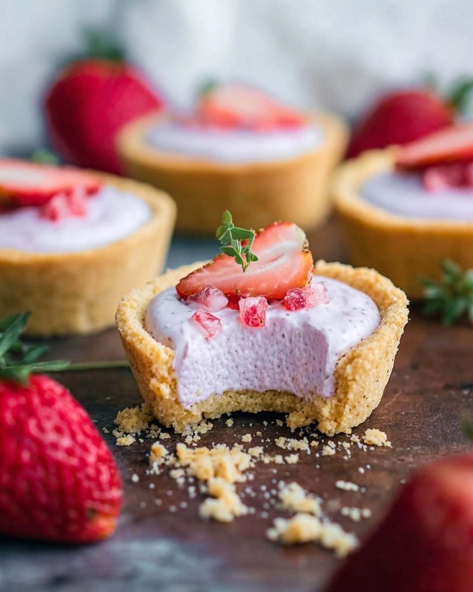 A close-up of a small tart with three layers visible: the bottom crust is golden brown and crumbly, the middle layer is a light purple creamy filling with a smooth and fluffy texture, topped with small red strawberry pieces and a tiny green herb leaf. The tart has a small bite taken out of it, showing the thickness of each layer clearly. In the background, there are more tarts with the same three layers out of focus, along with whole bright red strawberries and some green herb sprigs. The tarts rest on a dark surface with crumbs scattered around, and the scene is set against a soft white marbled texture. Photo taken with an iphone --ar 4:5 --v 7