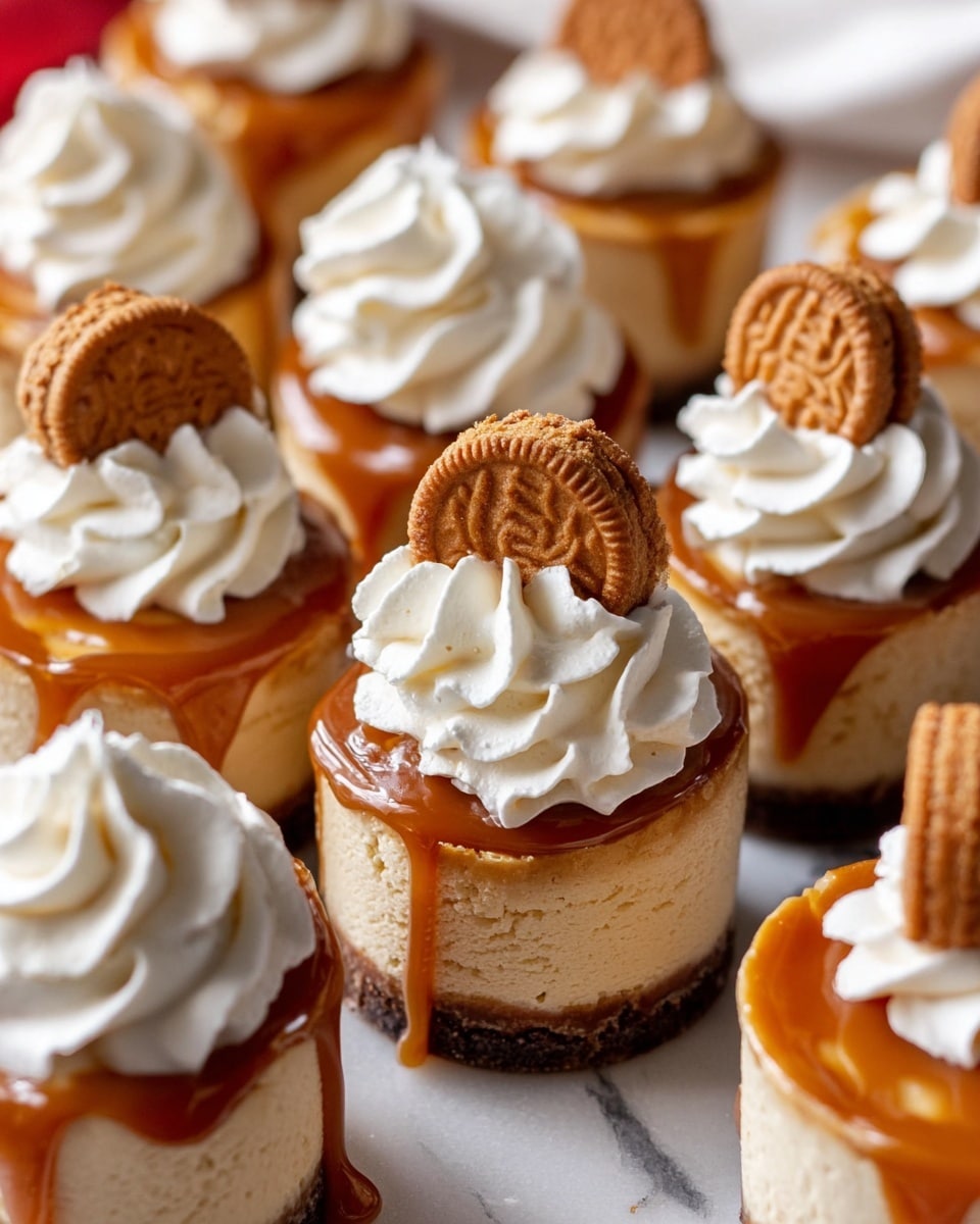 The image shows several small layered desserts arranged closely on a white marbled surface. Each dessert has three visible layers: a bottom dark brown crust, a thick light tan middle layer resembling cheesecake, and a glossy caramel-colored topping dripping slightly down the sides. Most of the desserts are finished with a swirl of white whipped cream on top, and some are garnished with a small round cookie placed upright in the cream. The desserts have a moist, creamy texture in the middle with a smooth, shiny caramel layer and fluffy whipped cream at the top. The photo shows the desserts from a close angle, making the layers and textures clear. photo taken with an iphone --ar 4:5 --v 7