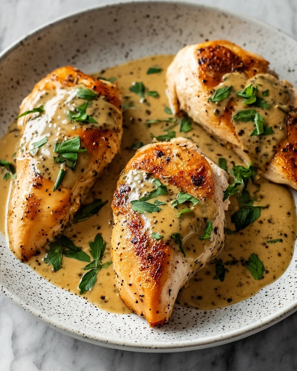 Three pieces of cooked chicken breast with golden-brown, slightly crispy skin sit on a white speckled plate. The chicken is covered with a creamy light brown sauce with visible black pepper specks. Fresh green herb leaves are sprinkled on the sauce and chicken, adding a pop of color. The plate rests on a white marbled textured surface. photo taken with an iphone --ar 4:5 --v 7