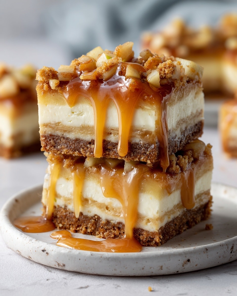 A close-up view of a layered dessert with four distinct layers: at the bottom, a thick brown crumbly crust; above it, a creamy white layer that looks soft and smooth; then a thin layer of caramel sauce with some bits inside; topped with another creamy white layer; and finally, a golden-brown streusel with small chopped nuts and crumbs, drizzled generously with caramel sauce that drips slightly down the sides. The dessert sits on a smooth surface with caramel pooling around its base. photo taken with an iphone --ar 4:5 --v 7