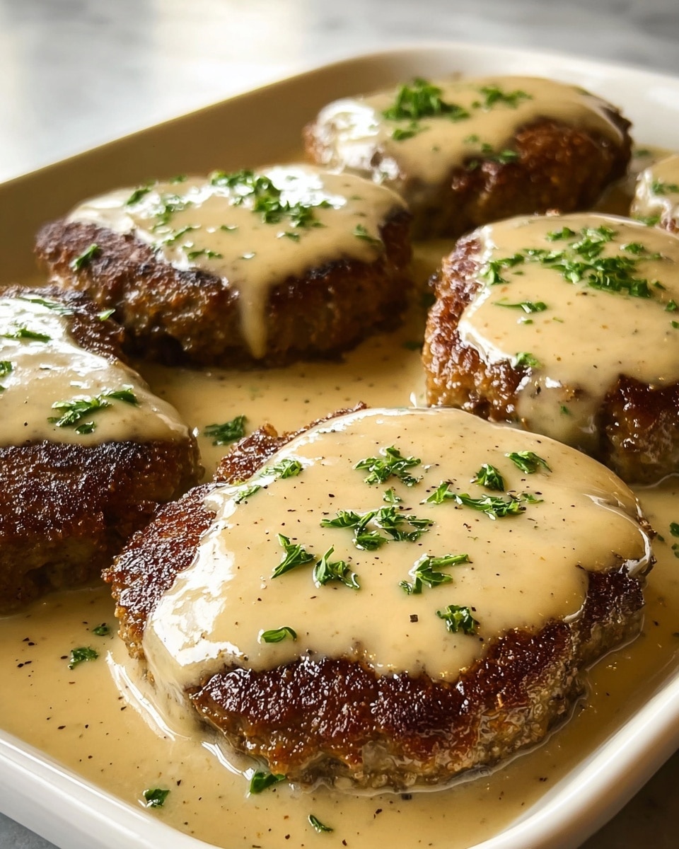 The image shows five browned meat patties covered with a smooth, creamy light beige gravy, each sprinkled with small bits of chopped green herbs and black pepper. The patties have a slightly rough, crispy texture on their edges, contrasting with the shiny, thick sauce that pools beneath them. The dish is presented on a white marbled surface that reflects the light softly, enhancing the warm and hearty look of the meal. photo taken with an iphone --ar 4:5 --v 7