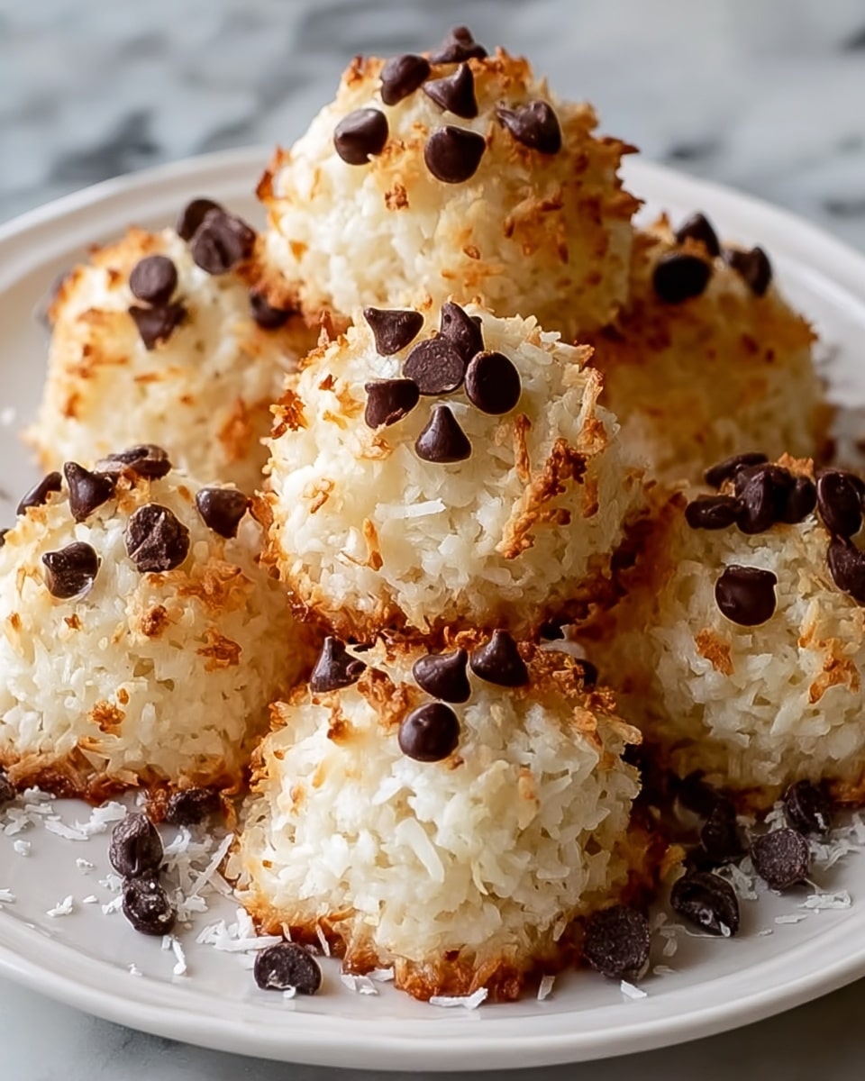 A white plate holds six round coconut macaroons with a rough and golden toasted outer layer, showing bits of shredded coconut. The macaroons are topped with small, dark chocolate chips scattered unevenly on the surface. The white interior of the macaroons is slightly visible through the toasted edges, giving a soft texture contrast. A few extra chocolate chips and shredded coconut pieces are around the base of the macaroons on the plate. The background is a white marbled texture. photo taken with an iphone --ar 4:5 --v 7
