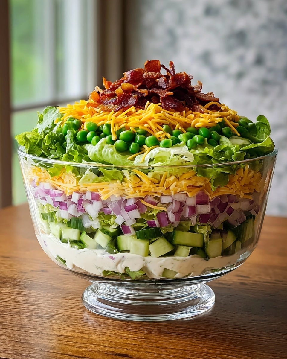 A clear glass bowl holds a layered salad with six visible layers, placed on a white marbled texture. The bottom layer is light green shredded lettuce, followed by a layer of finely chopped green celery mixed with white dressing. Above that is a layer of chopped red onions and celery pieces blended within a creamy white dressing. Next is a layer of lettuce leaves draping over the edges, topped with scattered bright green peas, small orange shredded carrot, and small bits of crispy reddish-brown bacon. The textures range from creamy in the middle to leafy and crunchy on top, showing fresh and vibrant colors. Photo taken with an iphone --ar 4:5 --v 7