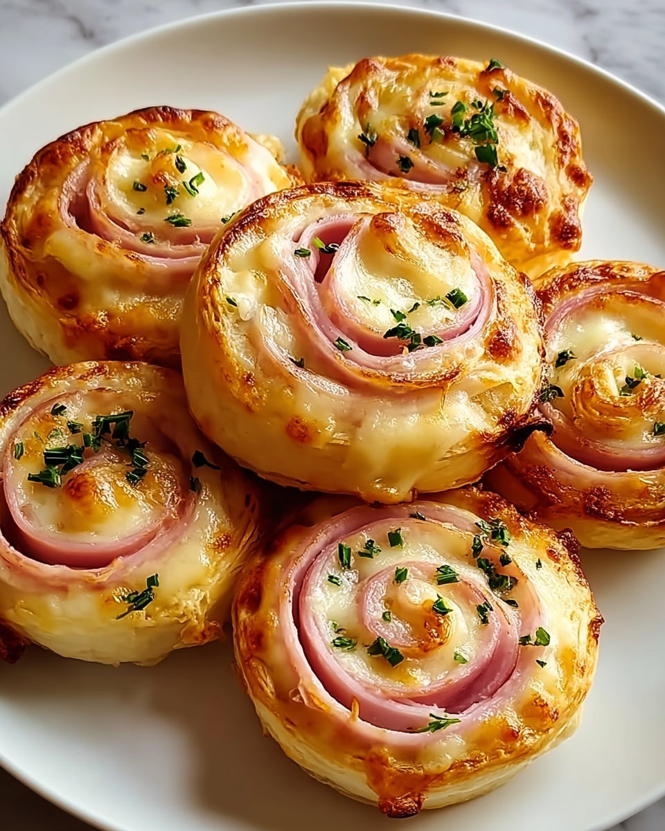 The image shows five round, golden-brown pastry rolls arranged on a white plate, each with three visible layers. The outer layer is a light, flaky dough with slightly crisp, browned edges. Inside, there is a middle layer of melted, creamy cheese that glistens with a smooth texture. The innermost layer is thin slices of ham, pale pink and spiraled neatly within the cheese and dough. Small green herb pieces are scattered on top of each roll, adding a fresh contrast to the warm colors. The plate sits on a white marbled surface. photo taken with an iphone --ar 4:5 --v 7