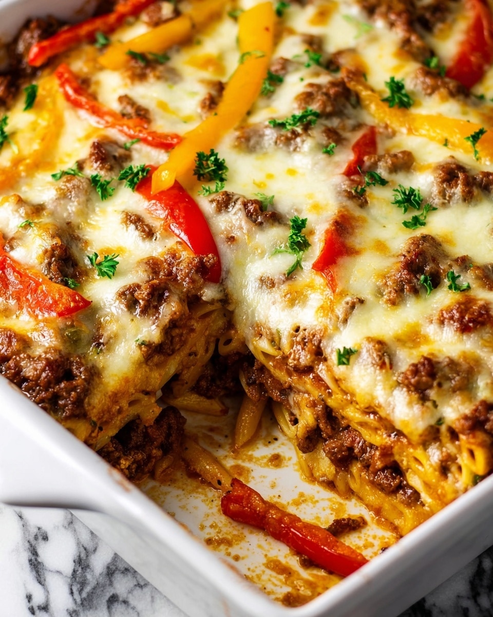 A close-up view of a layered casserole in a white baking dish. The bottom layer shows cooked pasta mixed with browned ground meat that has a dark, crumbly texture. Spread throughout this are slices of red and yellow bell peppers adding bright, soft chunks. The top layer is thick melted cheese, golden and bubbly with some browned spots, partially covering the meat and peppers. Scattered over the cheese are small green parsley pieces adding a fresh contrast. The dish sits on a white marbled surface. photo taken with an iphone --ar 4:5 --v 7