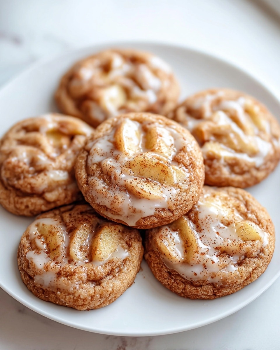 The image shows six round cookies on a white plate placed on a white marbled surface. Each cookie has a light brown, slightly crispy outer edge with a soft and chewy center that contains swirls of light beige apple slices embedded in the dough. The tops of the cookies are glazed with a thin, shiny layer of white icing that looks slightly melted, sprinkled with a fine dusting of brown cinnamon powder. The cookies are arranged casually, with one cookie placed slightly overlapping the others at the center, showing their uneven, textured surface and warm, inviting colors. The setting is bright with soft natural light highlighting the texture and gloss of the icing. photo taken with an iphone --ar 4:5 --v 7