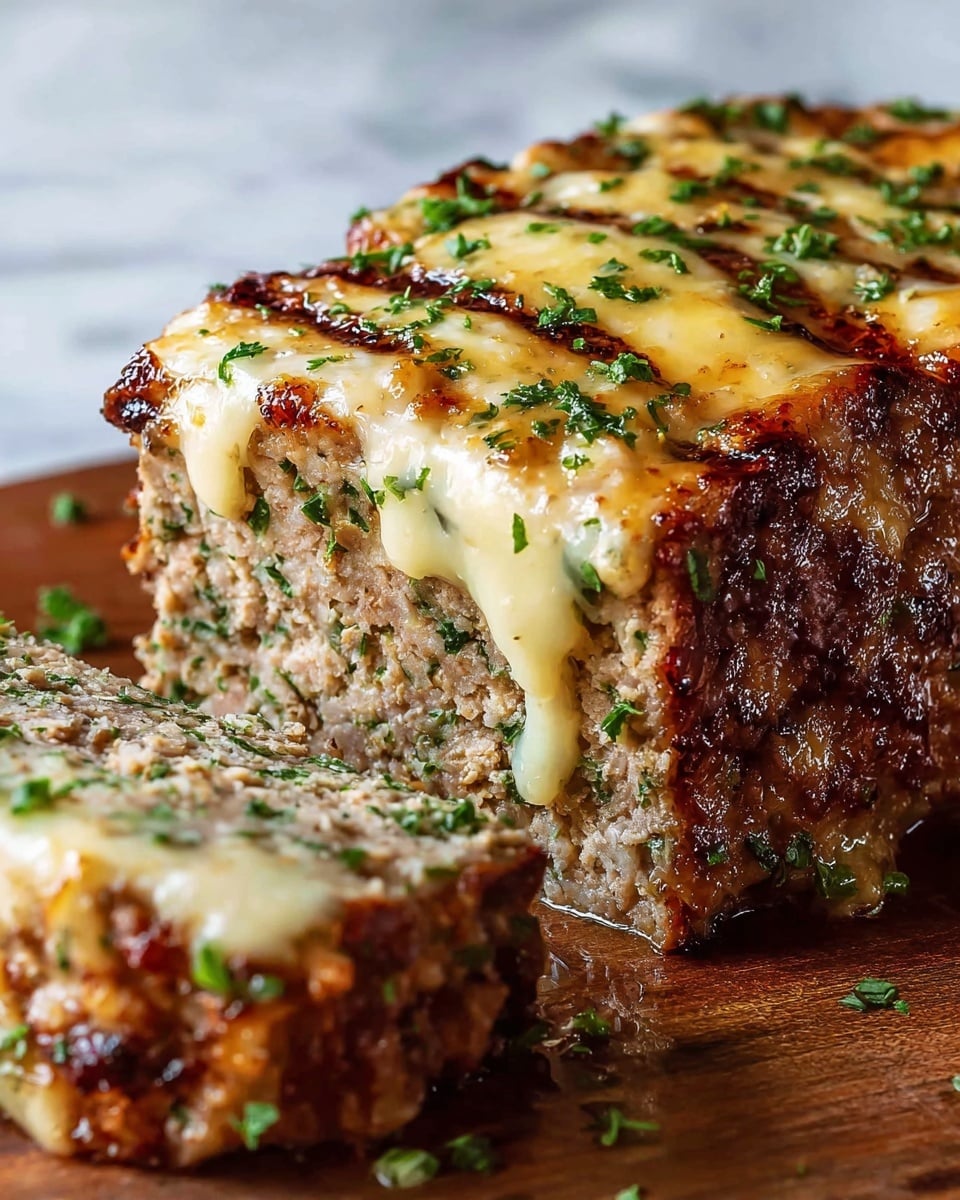 A close-up view of a thick, rectangular meatloaf with two visible layers: the main body layer is a textured ground meat mixture with green herbs spread evenly inside, and the top layer is golden-brown melted cheese with grill marks and melted edges dripping down the sides, garnished with small green chopped herbs scattered on top and around. The meatloaf is placed on a wooden surface with a small slice cut out and leaning against the main piece. The background has a white marbled texture. Photo taken with an iphone --ar 4:5 --v 7