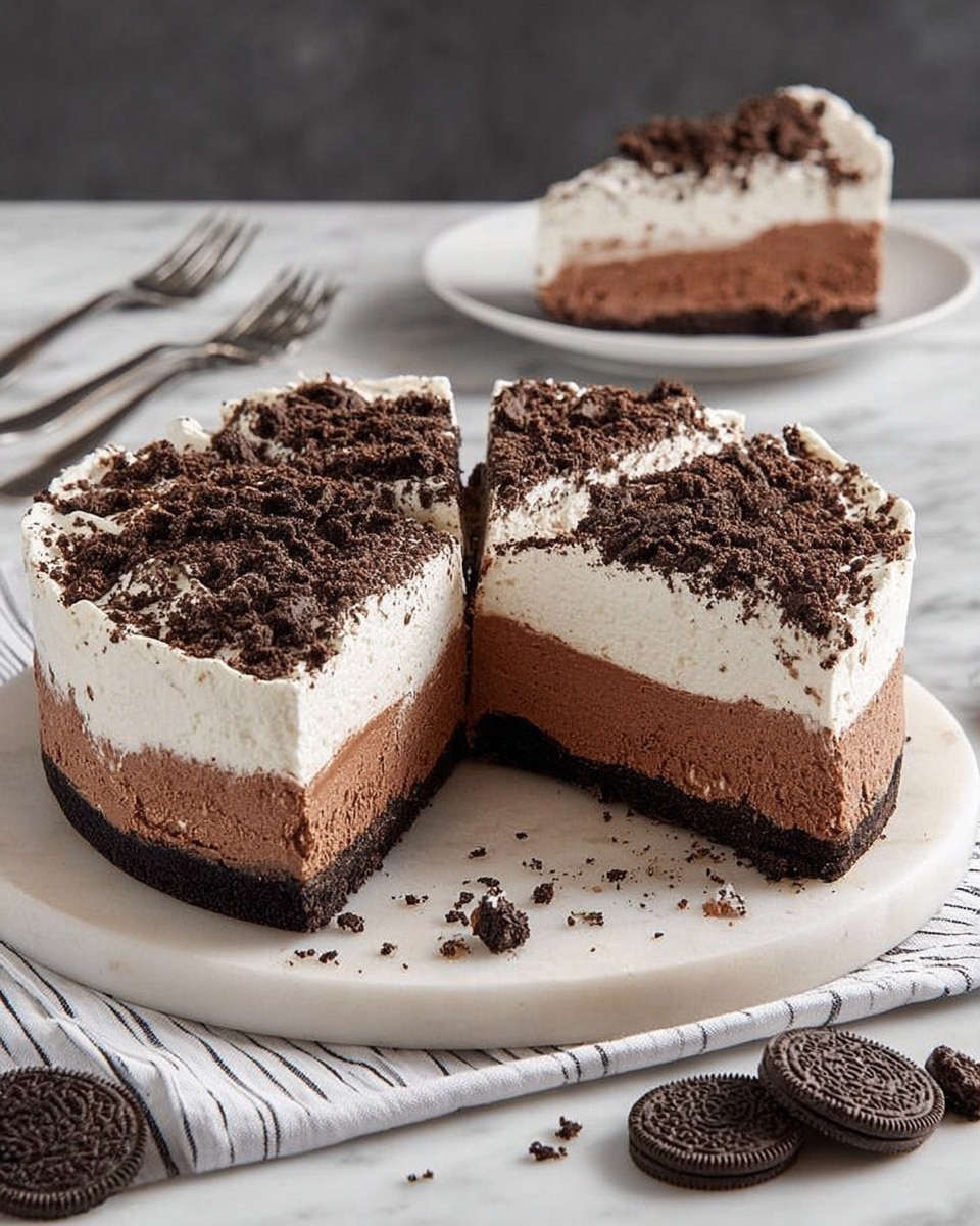 The image shows a round dessert with three visible layers on a white marble surface. The bottom layer is dark brown and crumbly, forming a firm base. The middle layer is smooth, thick, and chocolate brown. The top layer is white and fluffy, covered with dark brown cookie crumbs scattered evenly. Several slices are cut, showing the clean separation of layers. In the background, a white plate with a slice of the dessert and a woman’s hand holding a fork are slightly blurred. The scene includes a white cloth with black stripes and two silver forks placed casually to the side. A few Oreo-style cookies lie on the marble surface nearby, photo taken with an iphone --ar 4:5 --v 7