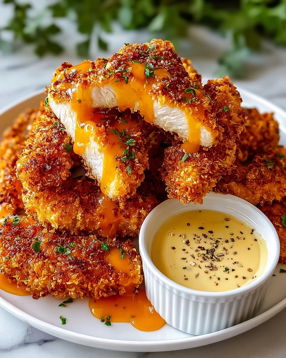 A white round plate holds several pieces of golden-brown, crispy breaded chicken strips piled on top of each other, with some strips sliced open to show the white, juicy chicken inside. The chicken strips are covered with a glossy, bright orange sauce drizzled unevenly on top, and small green herb pieces are scattered over them. At the back of the plate stands a small white ramekin filled with pale yellow creamy dipping sauce sprinkled with black pepper. The plate is set against a white marbled surface with a touch of green blurred foliage in the background. photo taken with an iphone --ar 4:5 --v 7