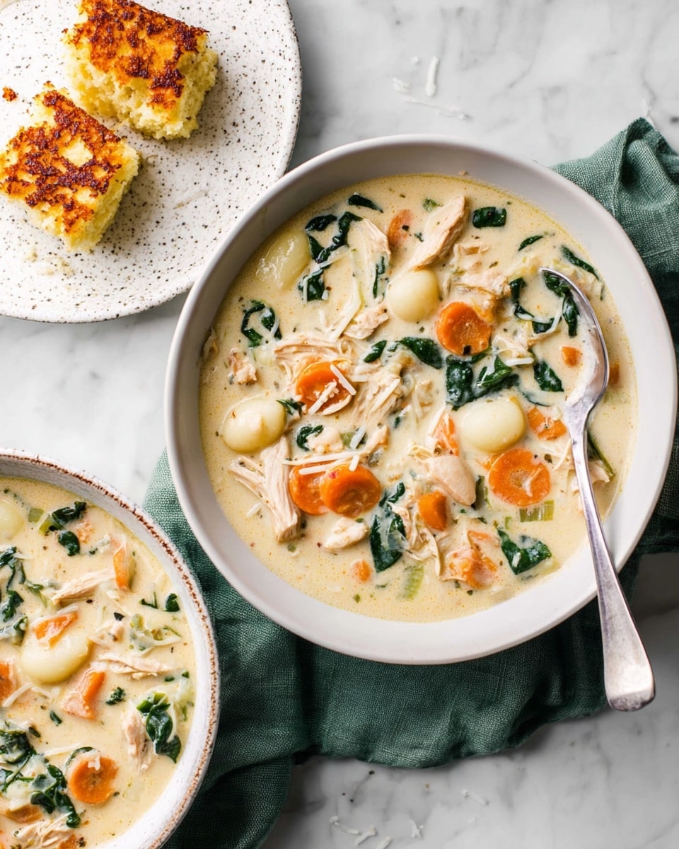 A white bowl filled with creamy soup containing chunks of shredded chicken, orange carrot slices, white gnocchi, and dark green spinach leaves, with a silver spoon resting inside the bowl on the right side. Next to this bowl, partially visible, is another white bowl with the same soup. To the left, there is a white speckled plate holding two pieces of golden-brown toasted cornbread with a slightly charred texture on top. The bowls and plate are placed on a white marbled surface with a green cloth napkin under the main bowl. Photo taken with an iphone --ar 4:5 --v 7