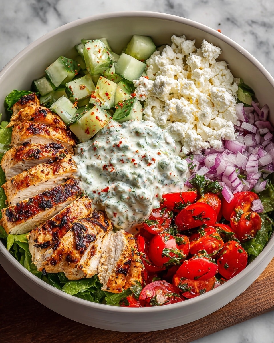 The dish is presented in a white bowl placed on a white marbled textured surface. Inside, there are six main sections arranged on a bed of green leafy lettuce. Starting from the left, there are grilled chicken slices with a golden-brown crispy texture and some charring. Next to the chicken are small light green cucumber cubes sprinkled with red seasoning. In the center, a creamy white sauce with green herb bits is dolloped thickly. To the right of the sauce, there are white crumbled cheese lumps with a soft texture. Next to the cheese are finely chopped purple-red onions. Finally, on the far right, there are bright red halved cherry tomatoes mixed with green herbs. The colors and textures are vibrant and fresh. Photo taken with an iphone --ar 4:5 --v 7