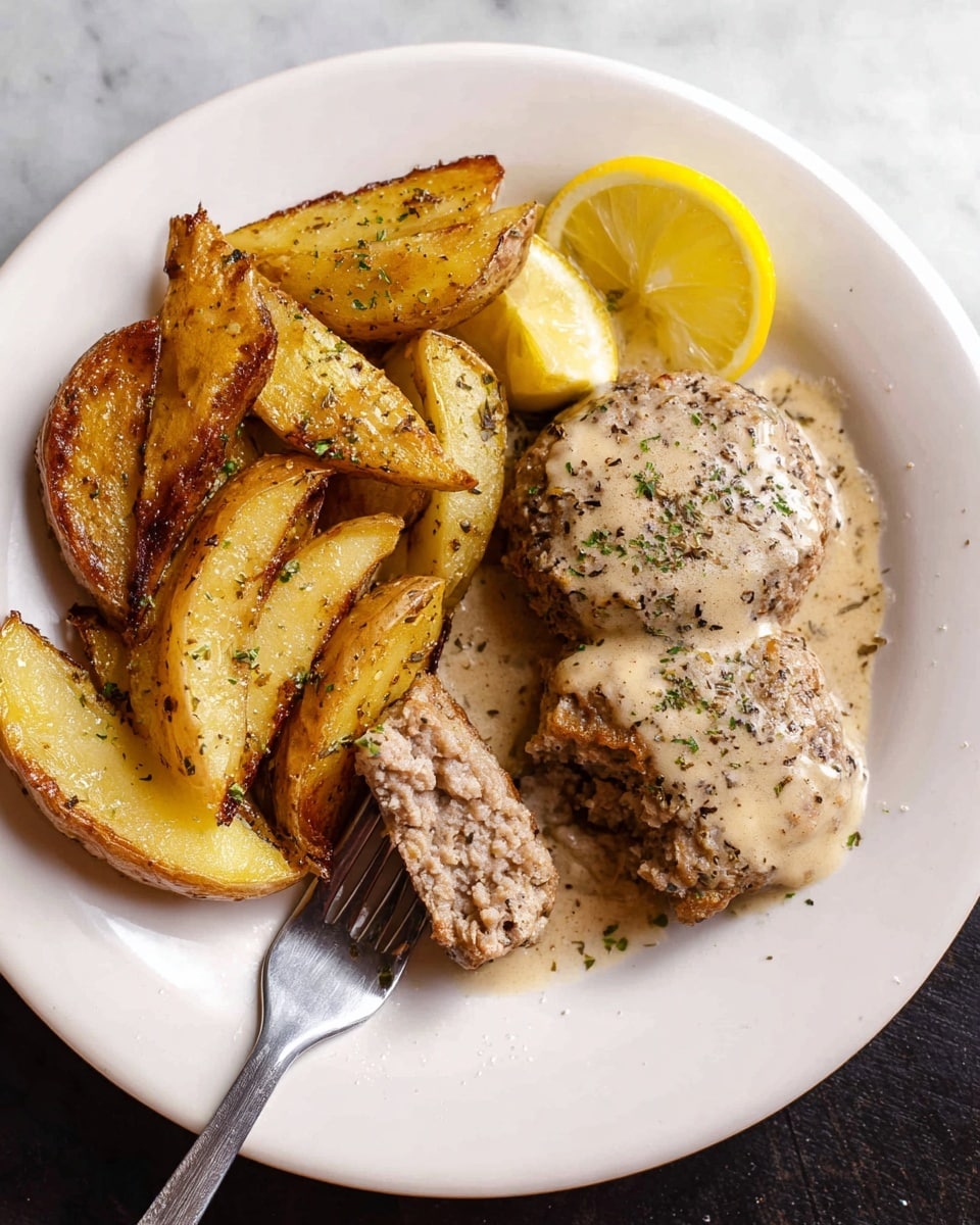 A white plate holds a dish with two main parts: on the left, there are several golden potato wedges with a slightly crispy texture and sprinkled with herbs, arranged in a loose pile; on the right, three round meat patties covered in a thick, creamy beige sauce, also seasoned with dried herbs, are placed close together. One patty is cut in half, revealing a moist, finely ground inside, shown on a silver fork resting on the plate. A bright yellow lemon wedge sits on top of the patties, adding a pop of color. The plate rests on a white marbled surface. photo taken with an iphone --ar 4:5 --v 7