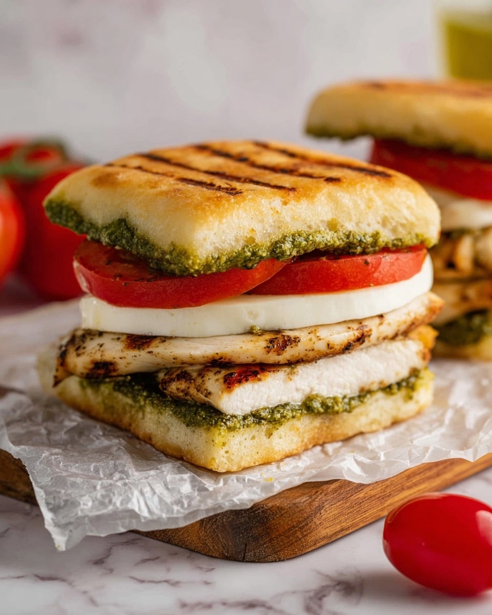 The image shows a close-up of two grilled chicken sandwiches stacked with four layers each. The bottom layer is a square, lightly toasted ciabatta bun with a golden, slightly crispy texture. Above this lies a grilled chicken breast piece, seasoned and browned with grill marks visible. Next, there is a thick, red tomato slice with a juicy texture, topped by a smooth, white mozzarella cheese slice. The sandwiches are finished with a generous layer of green pesto spread on the top half of the bun, which is also toasted golden brown. The sandwiches sit on crumpled white parchment paper on a wooden board, placed on a white marbled surface, with some red cherry tomatoes around for color. Photo taken with an iphone --ar 4:5 --v 7