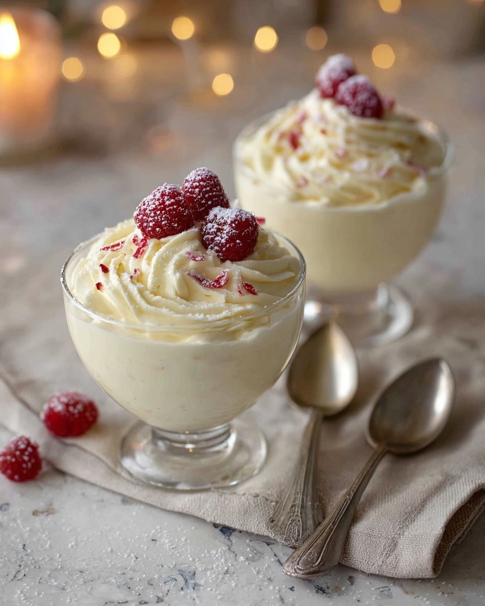 Two dessert glasses on a white marbled surface each filled with a smooth, creamy white mousse as the base layer. On top, there is a thick swirl of whipped cream that is soft and fluffy with a pale yellow hue. The whipped cream is decorated with a few frozen red raspberries dusted lightly with powdered sugar. Small red flakes are scattered on the whipped cream, adding a slight color contrast. The glasses are placed on a folded beige cloth with a vintage spoon beside each. The background has a warm candle softly lit, giving a cozy feel. photo taken with an iphone --ar 4:5 --v 7