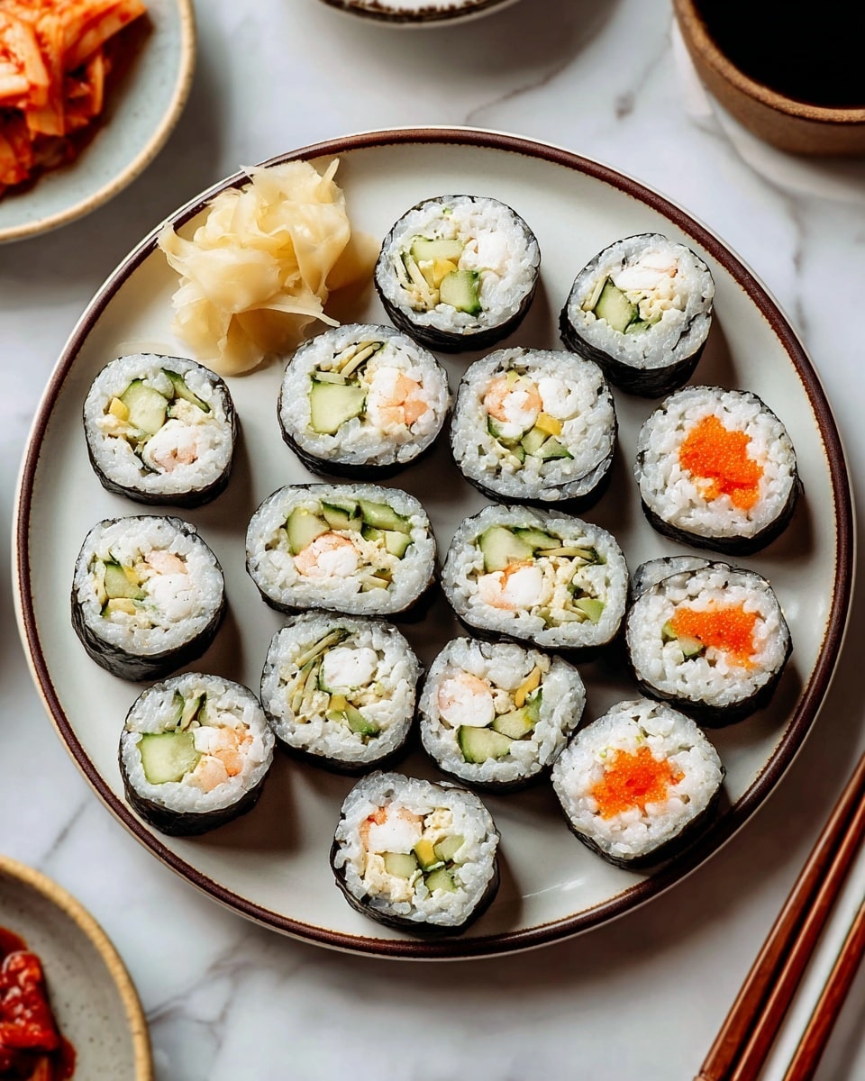 A white plate with a brown rim holds 18 sushi rolls arranged evenly in rows. Each sushi roll has a dark seaweed outer layer, a thick white rice layer inside, and fillings including a pale pink shrimp, green cucumber slices, white creamy cheese, and bright orange fish eggs spread across the top. A small pile of light beige pickled ginger sits at the top left of the plate. The plate rests on a white marbled surface, with a pair of wooden chopsticks to the right and blurred dishes with red and dark contents shown around the edges. photo taken with an iphone --ar 4:5 --v 7