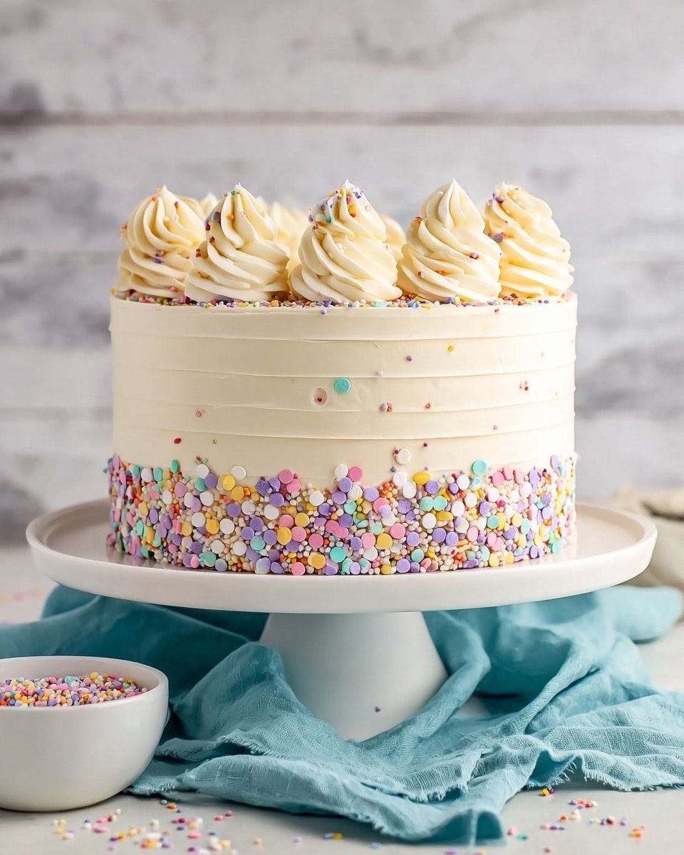 The image shows a round, three-layer cake covered with smooth, light cream-colored frosting that has thin horizontal lines evenly spaced around the sides. The base of the cake is densely decorated with a thick band of colorful round sprinkles in pastel shades of pink, yellow, green, blue, purple, and white, with some sprinkles scattered upward on the cake's sides. The top edge of the cake is covered with a similar layer of scattered sprinkles, and five large swirls of the same cream-colored frosting are evenly spaced around the top. The cake sits on a tall, white cake stand positioned on a soft blue cloth, with a white bowl nearby, all against a white marbled textured surface. Photo taken with an iphone --ar 4:5 --v 7