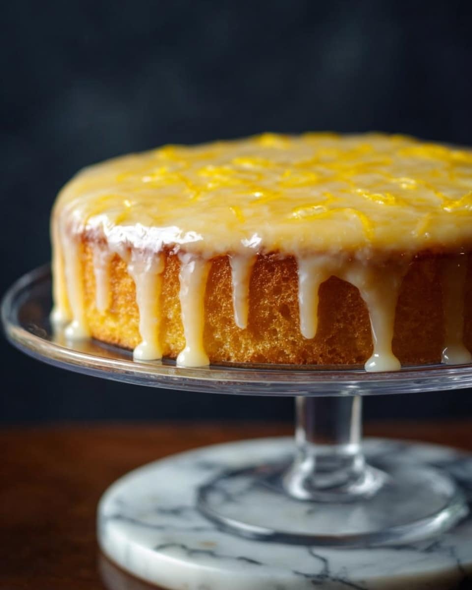 A round cake with one thick golden-brown layer is shown resting on a clear glass cake stand. The cake is covered with a glossy, pale yellow glaze that drips slowly down the sides, with smooth and slightly wavy texture on top. The glaze appears sticky and shiny, adding a moist look to the surface. The background is dark, making the cake stand out, while the base below the stand has a white marbled texture. photo taken with an iphone --ar 4:5 --v 7