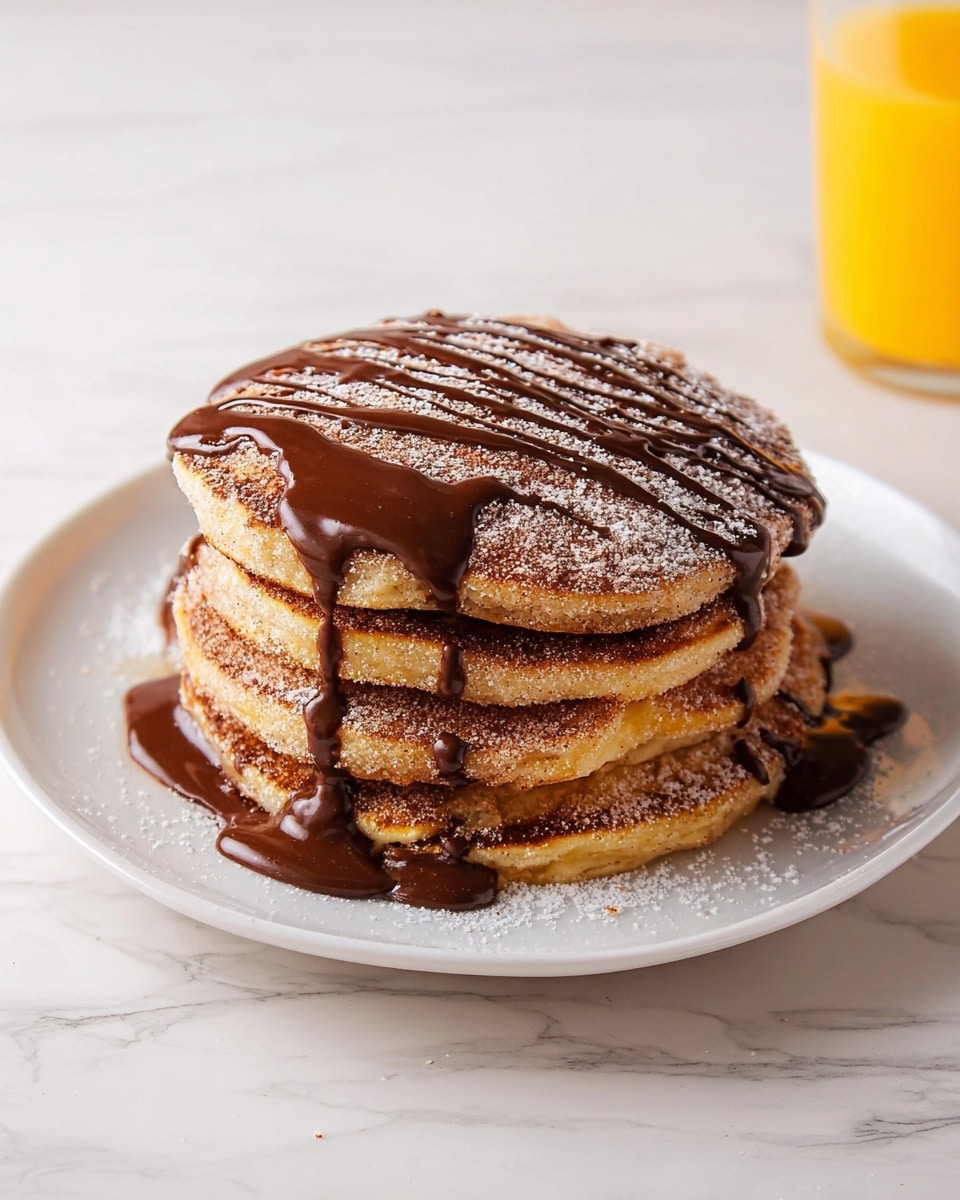A stack of four thick, light golden brown pancakes covered in a layer of fine cinnamon sugar, with a smooth, glossy dark chocolate sauce drizzled generously over the top and sides, dripping down the edges onto a white plate. The pancakes have a soft, fluffy texture with lightly crisped outsides. The background is a white marbled texture, and a glass of orange juice is partially visible on the right side. Photo taken with an iphone --ar 4:5 --v 7