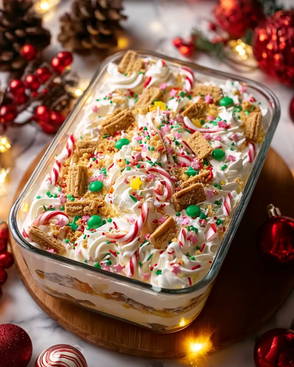 The image shows a rectangular glass dish filled with a layered dessert, starting with a creamy white base covered with swirls of white whipped cream. The top layer is decorated with colorful round and stick-shaped sprinkles in red, green, and pink, broken pieces of golden brown cookies, and small red and white striped candy canes scattered throughout. There are also pale yellow star-shaped flakes mixed in with the toppings. The dish is placed on a wooden board, surrounded by festive decorations including pinecones, red shiny ornaments, and soft glowing lights, all set against a white marbled surface. Photo taken with an iphone --ar 4:5 --v 7