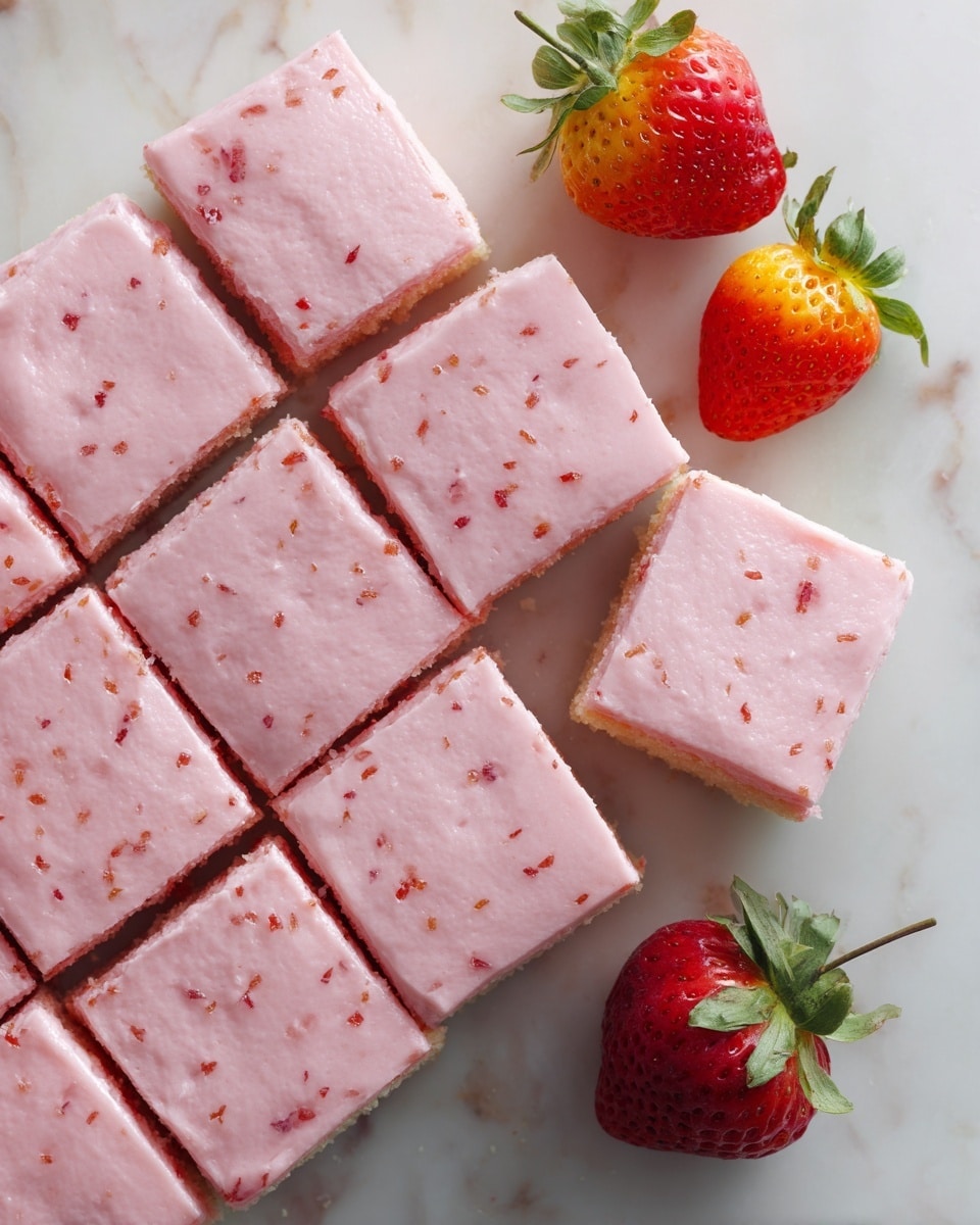 A square pink strawberry cake, cut into sixteen smaller square pieces, lies flat on a white marbled surface. Each cake piece has a light pink frosting layer on top, smooth with small darker pink strawberry bits showing through. The cake underneath the frosting is a slightly darker pink, visible where pieces are cut. Two whole ripe strawberries, one red and one orange-red, with bright green leaves, rest at the top-right corner of the white marbled surface near the cake. photo taken with an iphone --ar 4:5 --v 7