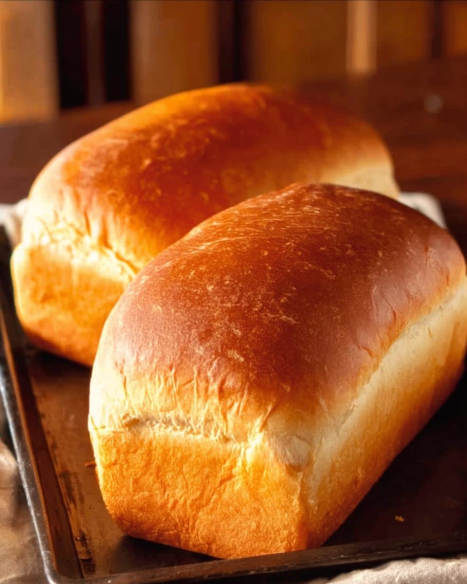 Two golden-brown loaves of bread sit closely together on a dark tray. Each loaf has a smooth, shiny top crust with a rich amber color that fades gently into a soft, lighter beige side and bottom. The bread looks soft with a slightly firm crust, showing subtle texture and small cracks on the surface. The tray is set on a white marbled texture, with warm wooden tones softly blurred in the background. Photo taken with an iphone --ar 4:5 --v 7