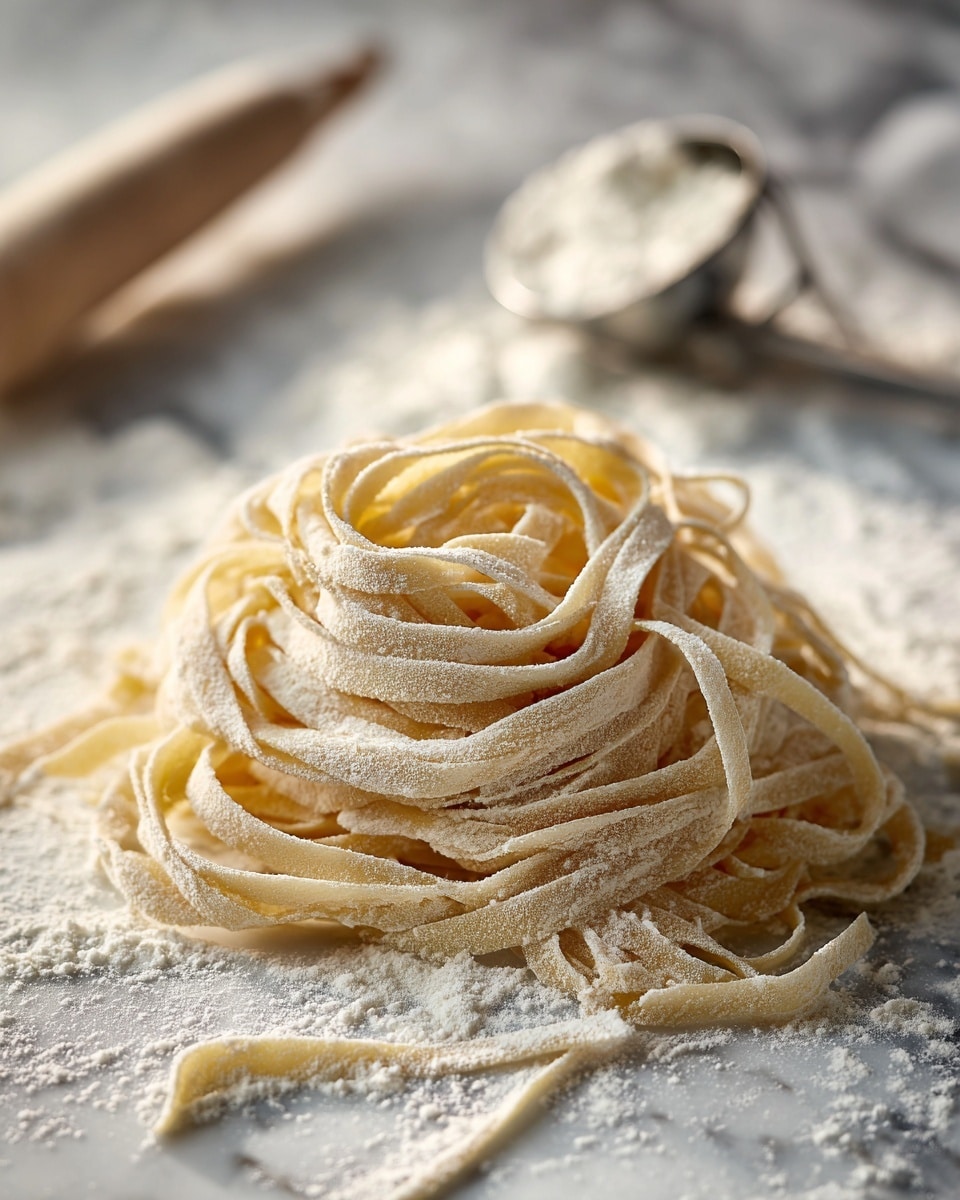 A pile of fresh, uncooked pasta noodles sits loosely spread on a white marbled surface dusted with flour. The noodles are a light beige color, dusted with flour powder giving them a slightly rough texture. They are unevenly layered, some curled and twisted on top of others, creating a casual, natural mound. In the background, a metal flour sifter and a rolling pin are slightly out of focus, adding context to the scene. The lighting is soft and natural, highlighting the texture of the noodles and flour. photo taken with an iphone --ar 4:5 --v 7