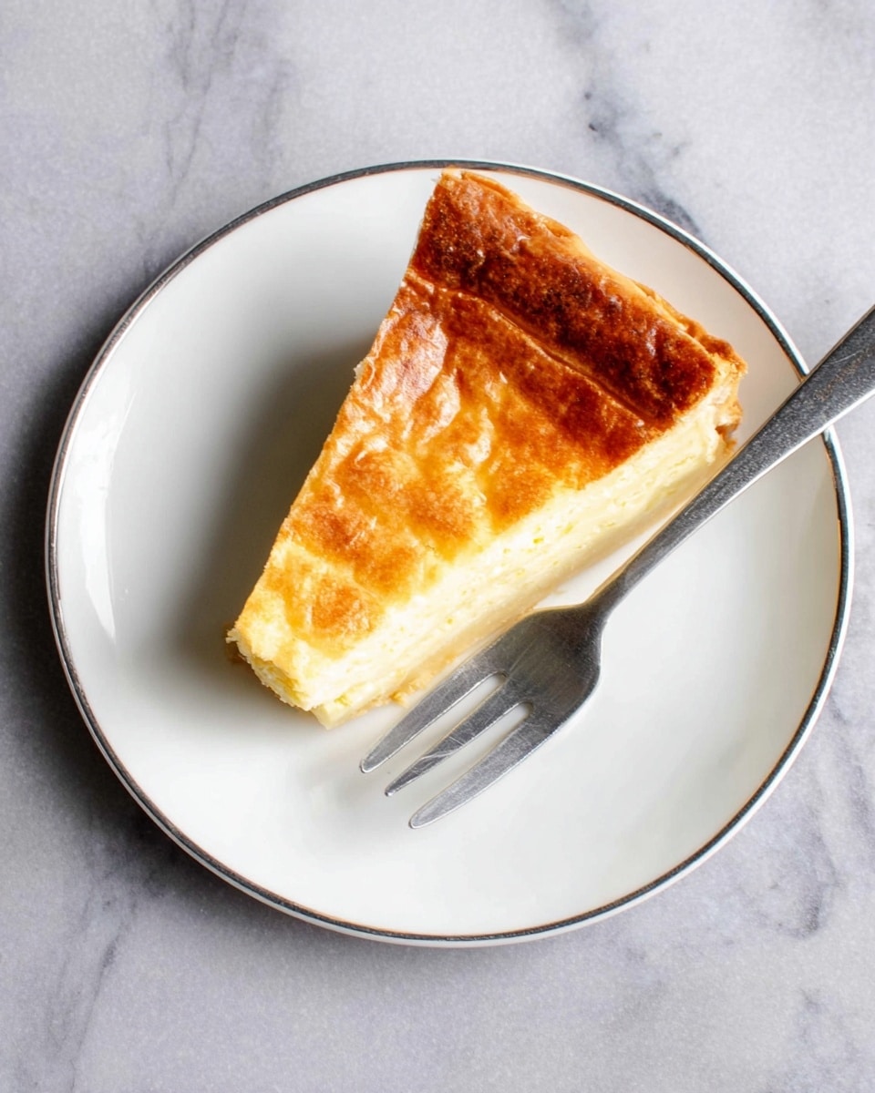 A slice of pie sits on a white plate with a thin gold rim, placed on a white marbled surface. The pie has three visible layers: a top layer of light golden flaky crust dusted with small white powdered sugar dots, a middle bright yellow creamy custard layer, and a bottom thicker, slightly crumbly light yellow cake-like base. The slice is cut cleanly, showing the textures clearly, with the top crust slightly cracked near the edge. Photo taken with an iphone --ar 4:5 --v 7