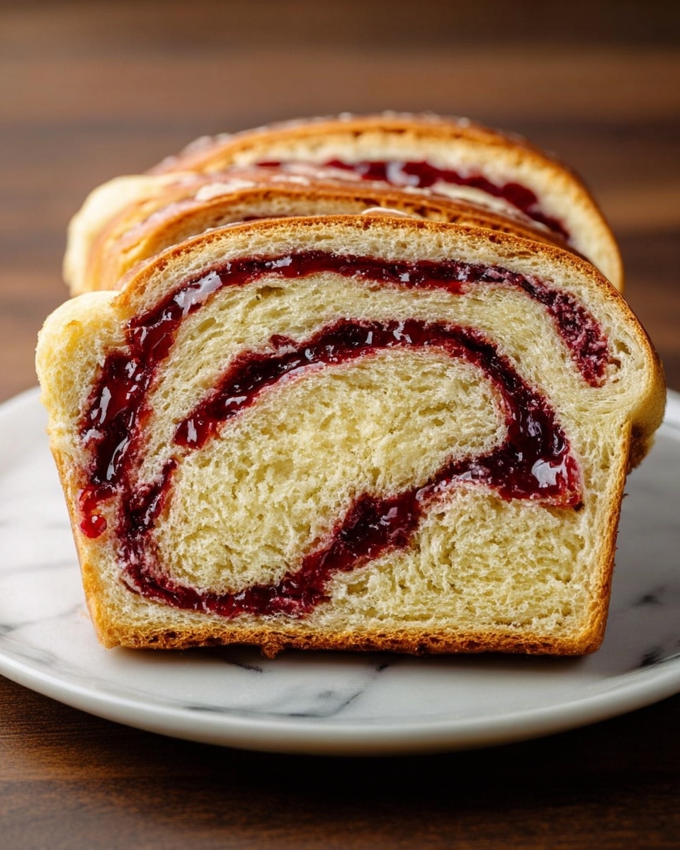 A thick slice of swirled bread with three visible layers inside; the outer layer is light golden brown with a slightly shiny, glazed texture, while two inner layers show soft, fluffy cream-colored bread interspersed with a deep red jam spread in thick, even swirls. The slice rests on a white plate placed on a white marbled surface. Photo taken with an iphone --ar 4:5 --v 7