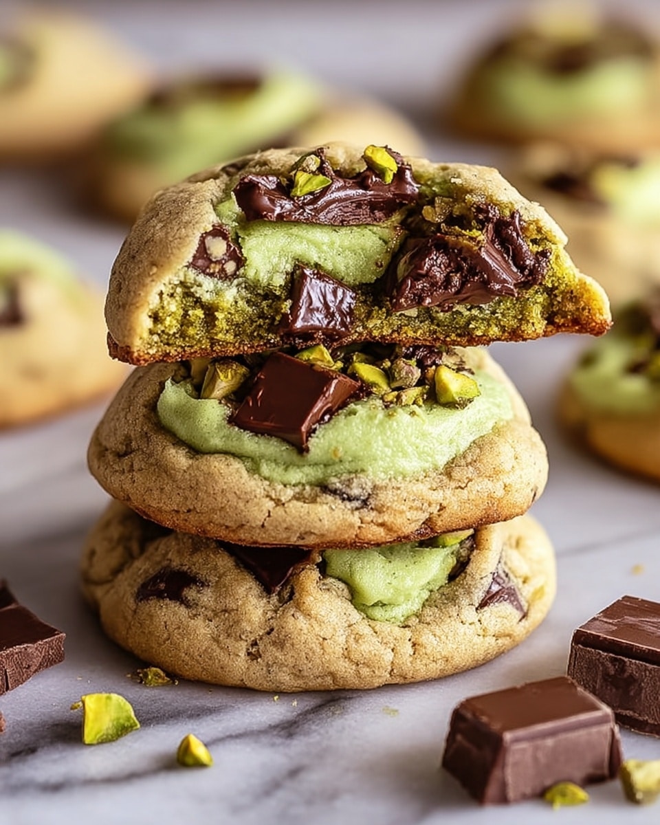 The image shows a stack of three cookies with a rough, golden-brown outer layer filled with a smooth, bright green cream in the center. The top cookie is broken in half, revealing the creamy green filling inside, surrounded by chunks of dark brown chocolate embedded in the cookie dough. Small pieces of green pistachios are scattered throughout the cookies, adding texture and a pop of color. The cookies sit on a white marbled surface, with some broken chocolate pieces and pistachios lying around. In the blurred background, more cookies can be seen. photo taken with an iphone --ar 4:5 --v 7
