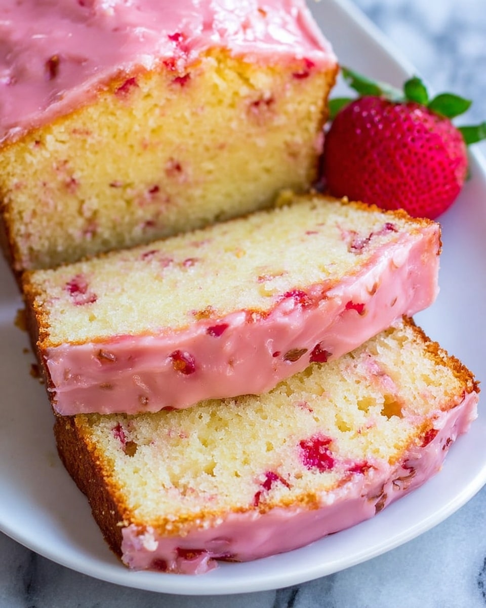 The image shows a white plate with three thick slices of pound cake. Each slice has a pale yellow inside that looks soft and moist, with pink frosting spread on the top and sides. The frosting contains small bits of red fruit, likely strawberry, which add texture and color specks throughout. The top layer of the cake is smooth but slightly cracked, with a glossy look on the pink icing. A whole fresh strawberry with green leaves sits on the side of the plate, adding a bright red contrast. The plate rests on a white marbled surface. Photo taken with an iphone --ar 4:5 --v 7
