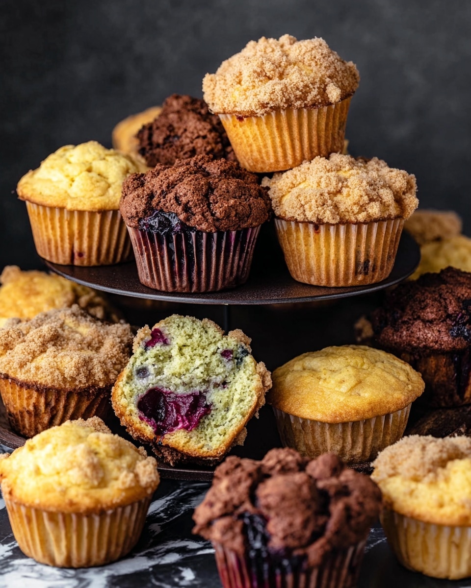 The image shows a variety of muffins arranged on two levels, with some placed on a dark stand and others on a dark surface with a white marbled texture in the background. The muffins come in different colors and textures, including light golden yellow, dark brown chocolate, and greenish tones. Some muffins have crumbly streusel tops in light brown, while others reveal berries inside with purples and reds noticeable in their cross-sections or on top. The muffins are densely packed, with one muffin tilted to show its berry-filled interior. The overall look is warm and inviting, with a mix of smooth and crumbly textures. Photo taken with an iphone --ar 4:5 --v 7