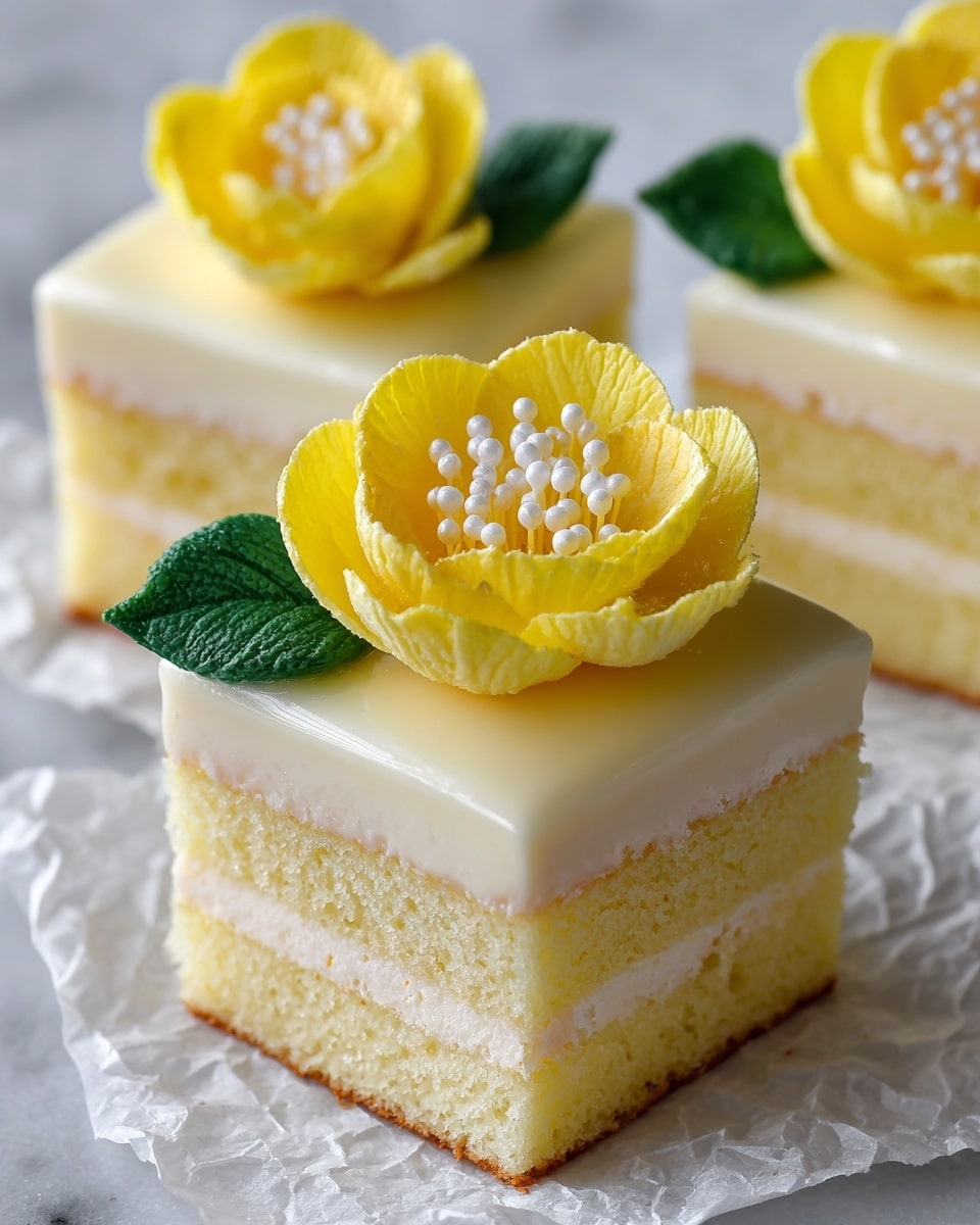 Three small square cakes are shown on a white marbled surface covered with crinkled parchment paper. Each cake has three layers: the bottom and middle layers are light yellow sponge cake, while the thin second and top layers are smooth pale yellow cream. On top of each cake sits a bright yellow flower decoration with textured petals and small round white sprinkles in the center, along with two green leaves beneath the flower. The cakes are arranged close to one another, showing soft edges and a clean, glossy finish on the cream layer. photo taken with an iphone --ar 4:5 --v 7