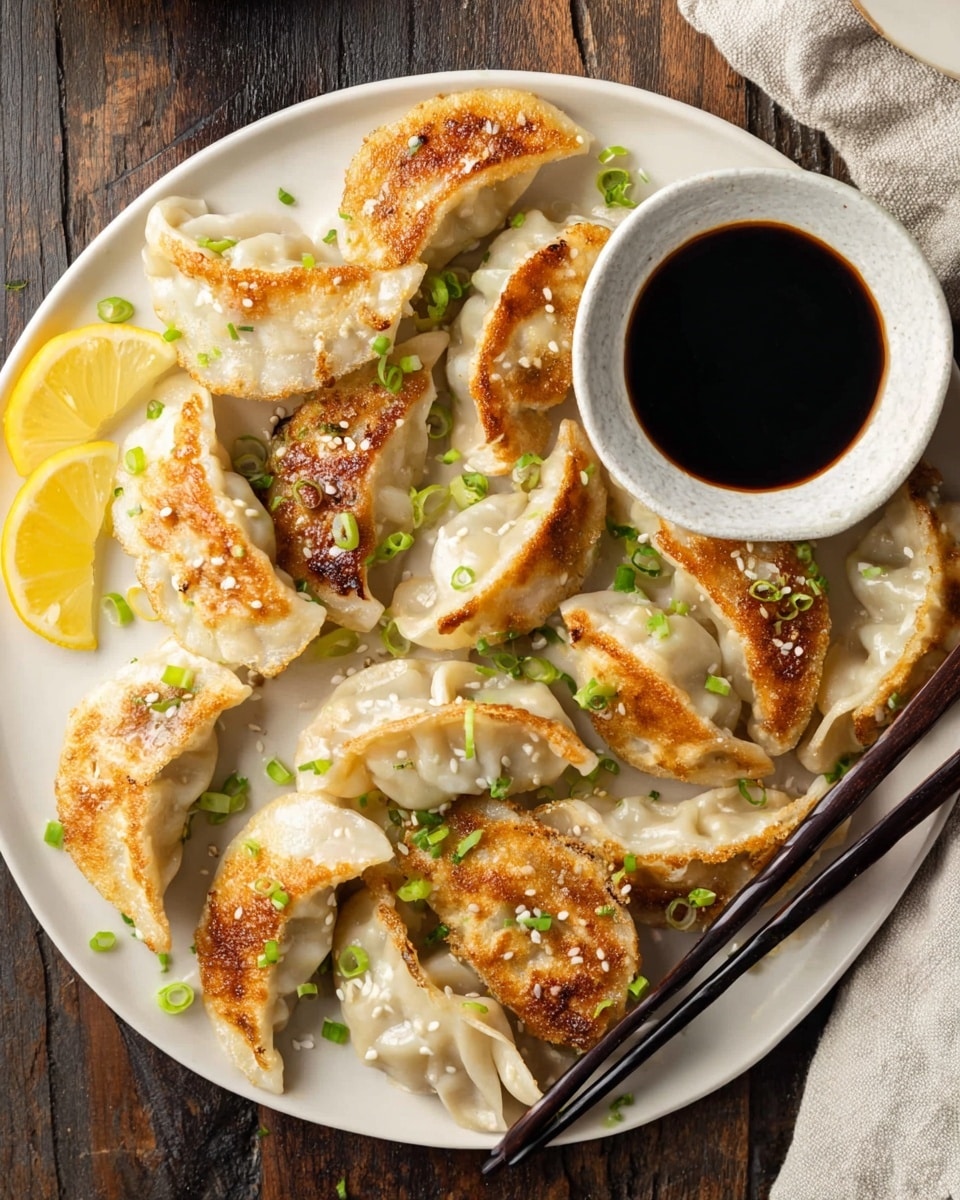 A white plate holds about ten pan-fried dumplings with golden-brown crispy edges and soft, pale folds on top, each sprinkled with small green onion slices and white sesame seeds. On the right side of the plate, there is a small white bowl filled with dark soy dipping sauce, with a pair of black chopsticks resting beside it. Near the bottom left of the plate, three lemon wedges add a bright yellow contrast. The plate sits on a dark wooden table with a light beige cloth partially visible on the top right. photo taken with an iphone --ar 4:5 --v 7