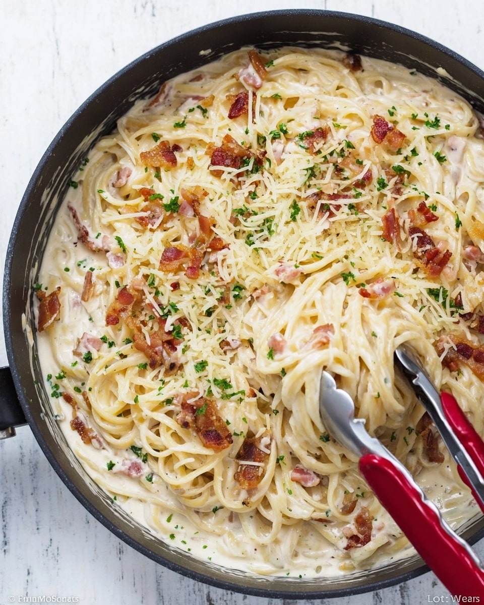 A large black pan filled with creamy white pasta layers, each layer full of thick white sauce and scattered crispy brown bacon bits mixed in. On top, there is a layer of grated light yellow cheese with small green parsley pieces sprinkled all over. A pair of red and silver tongs is holding some of the pasta on the right side. The pan is sitting on a white marbled surface photo taken with an iphone --ar 4:5 --v 7