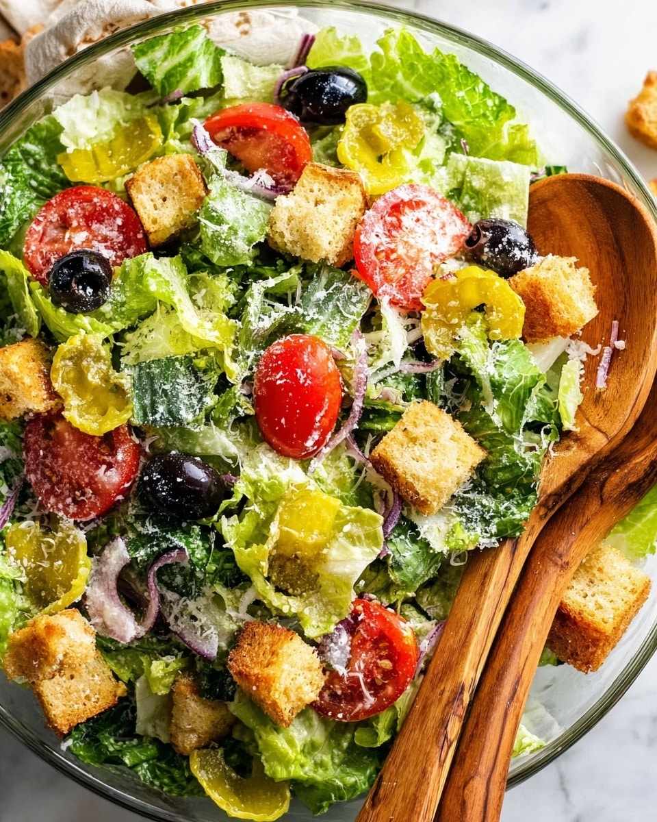 A clear bowl filled with fresh green lettuce leaves as the base layer, topped with bright red tomato slices and black olives scattered around. There are golden-brown croutons spread evenly on top, and light yellow pepperoncini peppers placed on the sides. The salad is sprinkled with white grated cheese and drizzled with a creamy light dressing. A wooden spoon and fork rest on the side inside the bowl, all set on a white marbled surface photo taken with an iphone --ar 4:5 --v 7