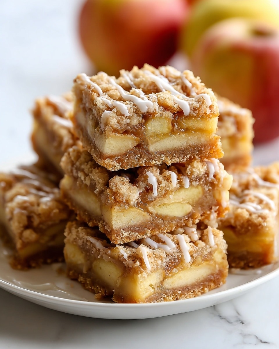The image shows a stack of six square apple crumb bars on a white plate, placed on a white marbled surface. Each bar has three visible layers: a bottom layer of golden-brown crumbly crust, a thick middle layer of soft, light yellow apple slices mixed with a slightly darker, cinnamon-spiced filling, and a top crumb layer that is golden and crunchy with a crumbly texture. The bars are drizzled with a light white glaze, adding a shiny detail on top. In the blurred background, two apples are visible, enhancing the apple theme. photo taken with an iphone --ar 4:5 --v 7