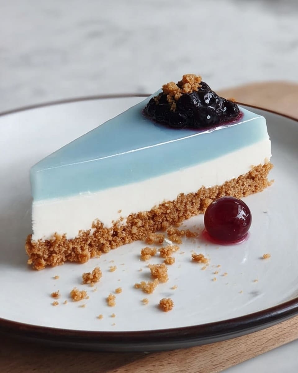 A slice of three-layer dessert sits on a white plate with a thin dark rim, placed on a white marbled texture. The bottom layer is crumbly and textured with a warm golden brown color. The middle layer is smooth, thick, and white, forming a solid base for the top layer, which is glossy, firm, and light blue. On top of the blue layer sits one dark-colored berry, while a red berry rests near the base on the plate. Small crumbs are scattered around the slice. Photo taken with an iphone --ar 4:5 --v 7