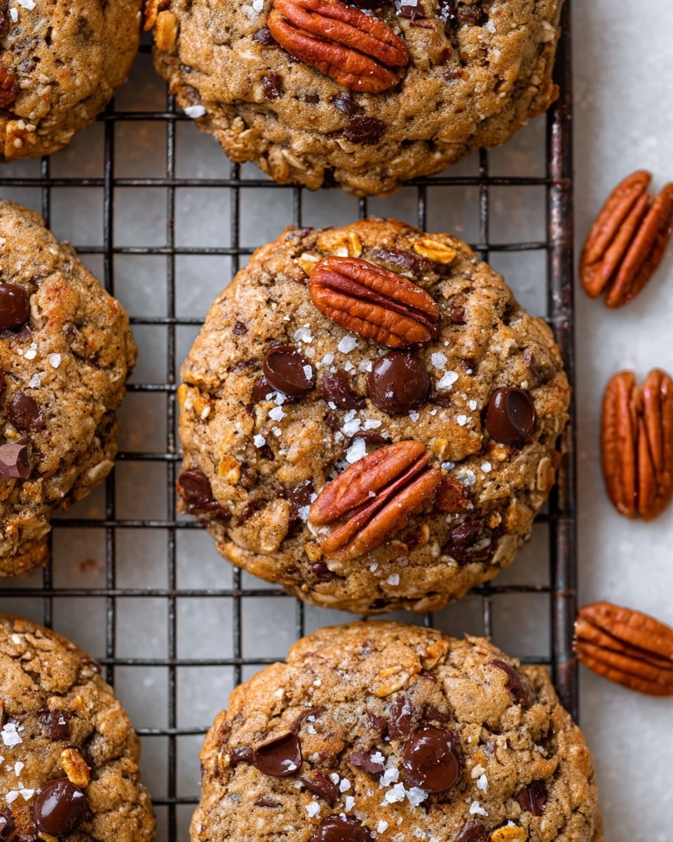 The image shows a close-up of large round cookies on a black cooling rack over a white marbled surface. Each cookie has a chunky texture with visible bits of oats and nuts inside. The top layer of the cookies is golden brown with scattered dark brown melted chocolate chips and whole glossy pecan halves pressed slightly into the dough. There are small white coarse salt flakes sprinkled unevenly on top, adding a bit of sparkle. Around the cookies, a few loose pecans and chocolate chips can be seen on the white marbled surface. The photo taken with an iphone --ar 4:5 --v 7