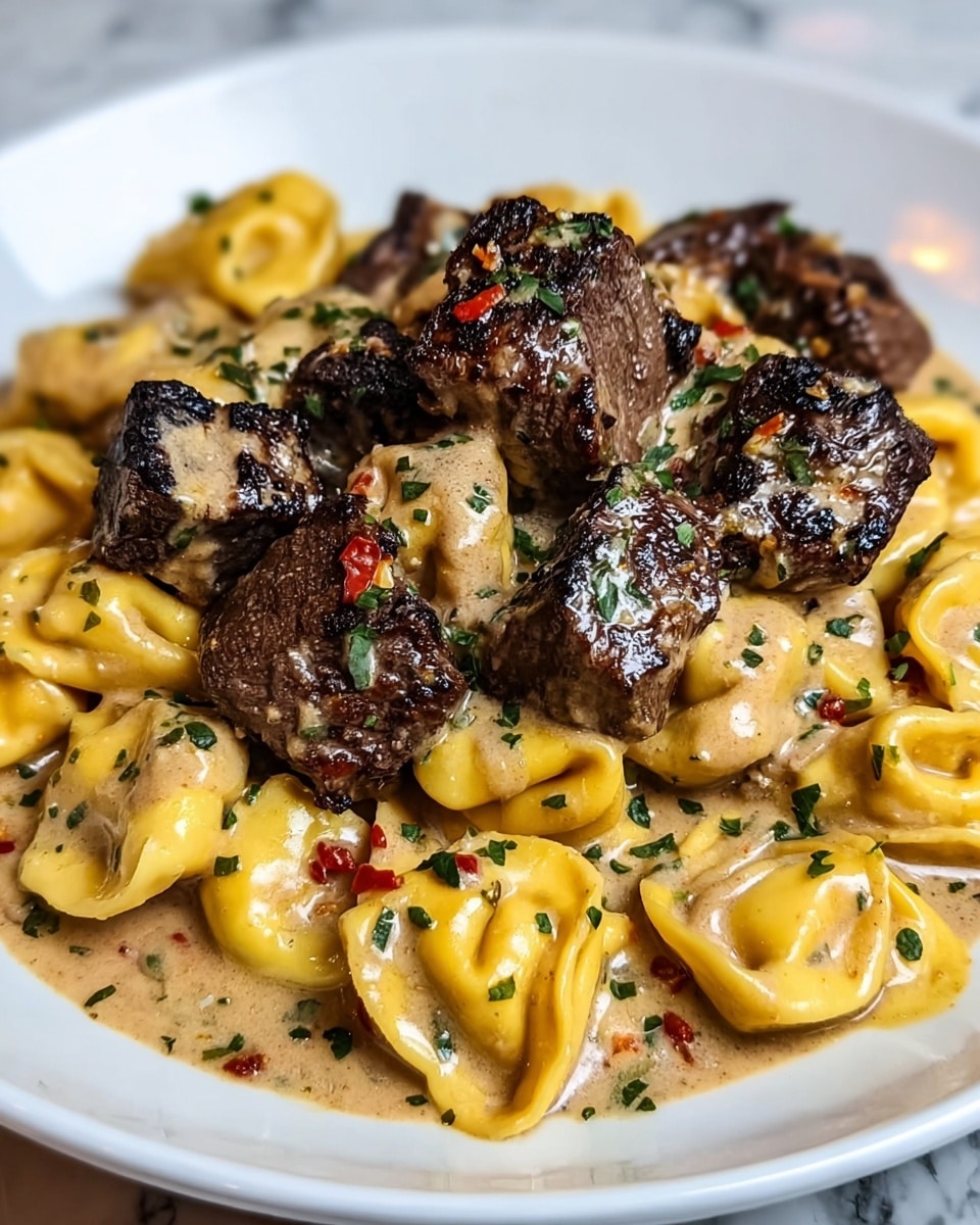 The dish shows a white plate filled with two main layers. The bottom layer is yellow tortellini pasta with a smooth texture, coated in a light brown creamy sauce mixed with small bits of herbs and red chili pieces. The top layer consists of dark brown grilled steak pieces with a charred, slightly crispy texture, drizzled with the same creamy sauce, garnished with finely chopped green herbs scattered around. The plate rests on a white marbled textured surface. Photo taken with an iphone --ar 4:5 --v 7